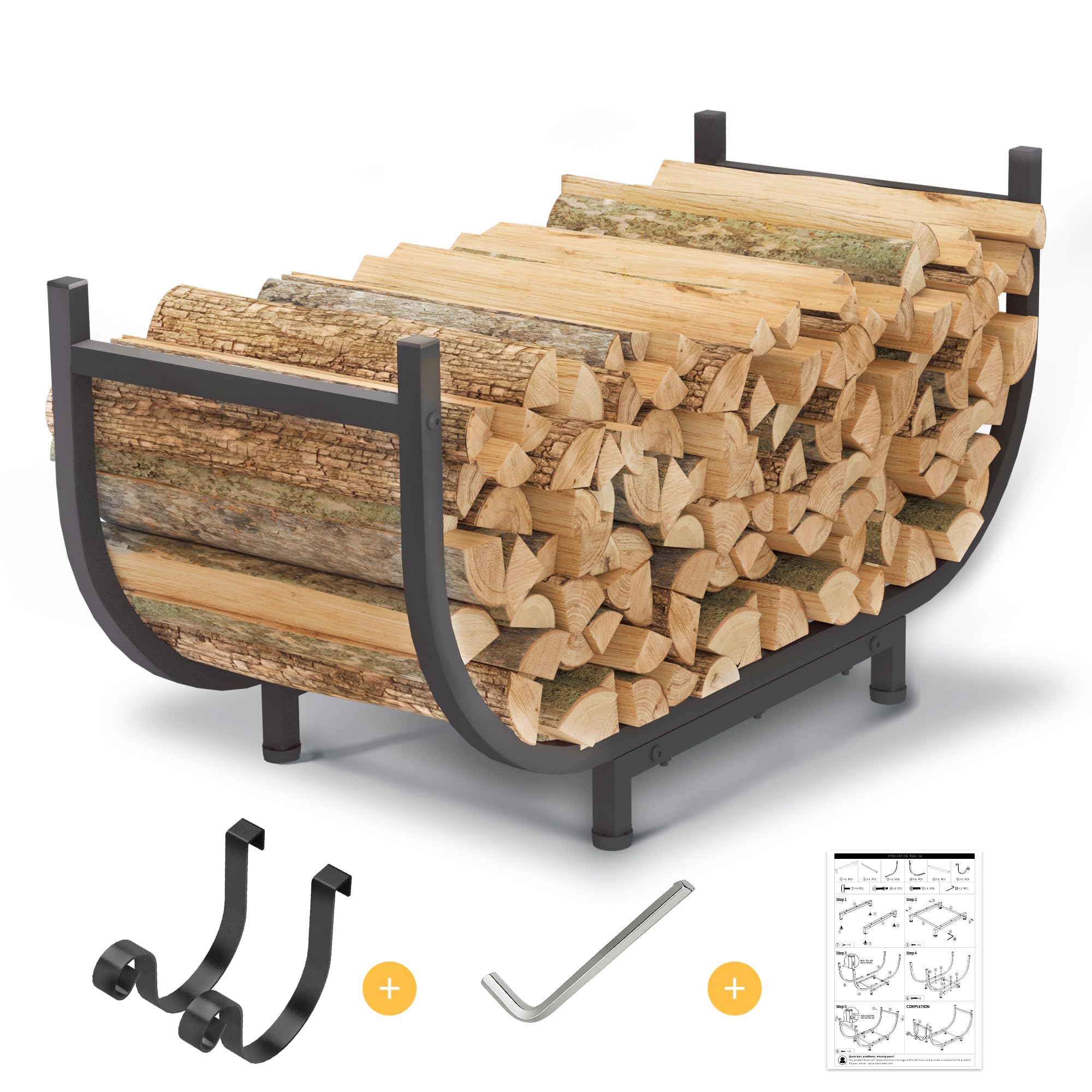 JETRANSPORT - Curved Firewood Rack Outdoor Indoor Black 30 Inch Rustproof Fire Wood Storage Organizer Metal Fireplace Log - Default