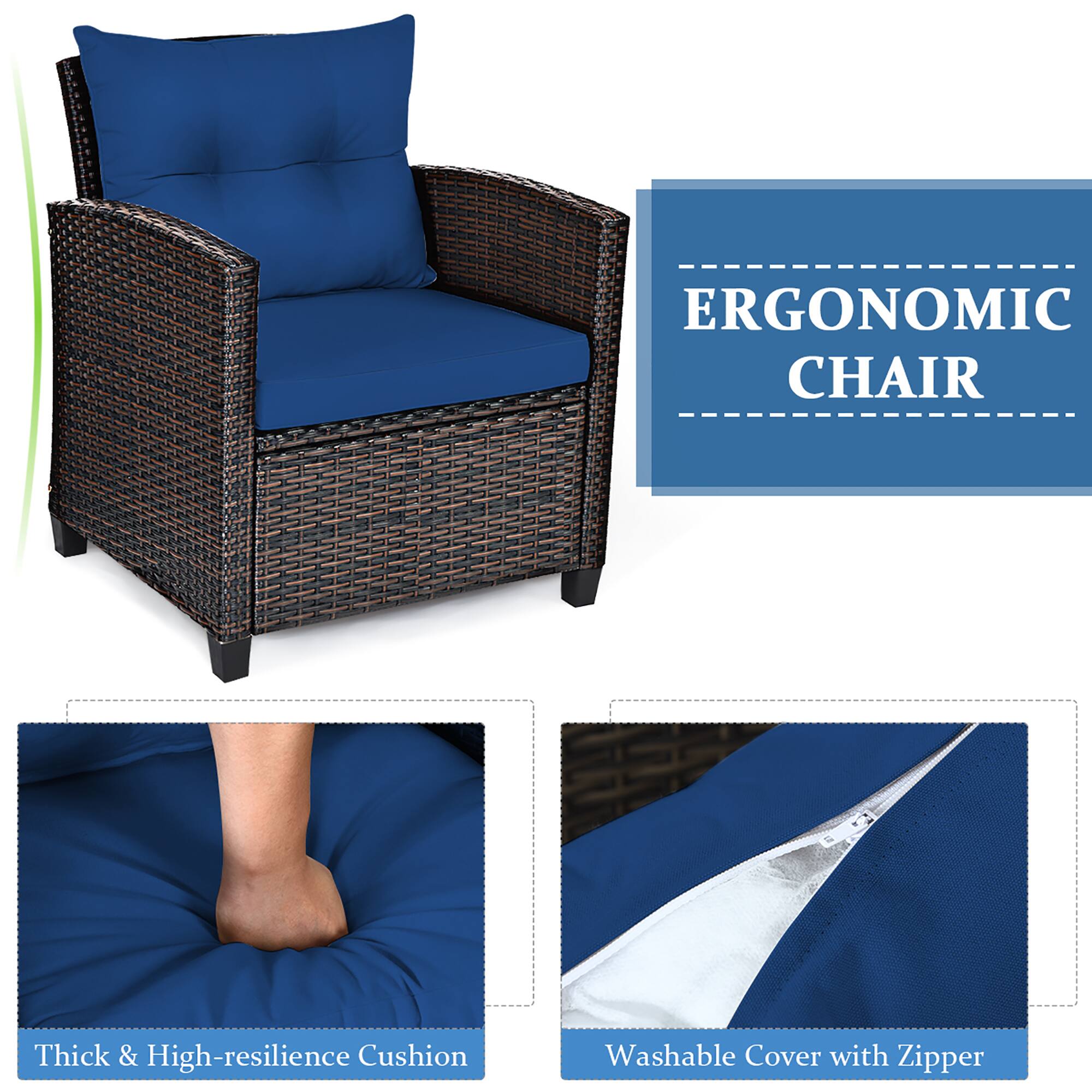 The image features an ergonomic chair with a thick and high-resilience cushion. The chair is designed to provide comfort and support for the user. It also has a washable cover with a zipper, making it easy to clean and maintain. The chair is shown in a blue color, which adds to its visual appeal.