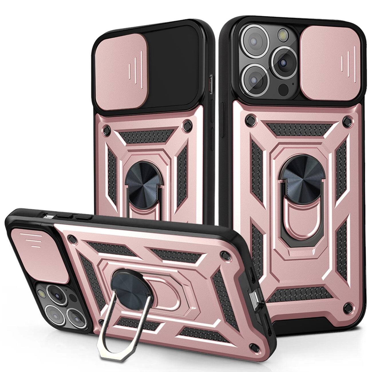 Front. Reiko - Kickstand Ring Holder & Slide Camera Cover Magnetic Car Mount For Apple Iphone 13 Pro In Rose Gold - Rose Gold.