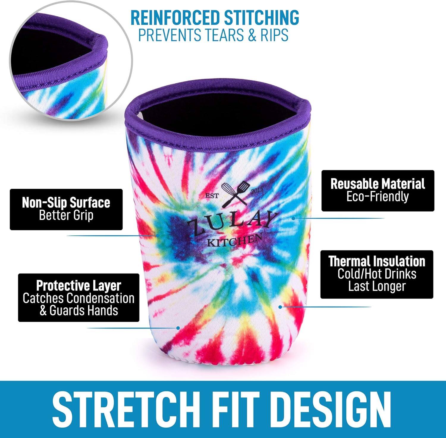 - REINFORCED STITCHING PREVENTS TEARS & RIPS
- Non-Slip Surface Better Grip
- Protective Layer Catches Condensation & Guards Hands
- Reusable Material Eco-Friendly
- Thermal Insulation Cold/Hot Drinks Last Longer
- STRETCH FIT DESIGN