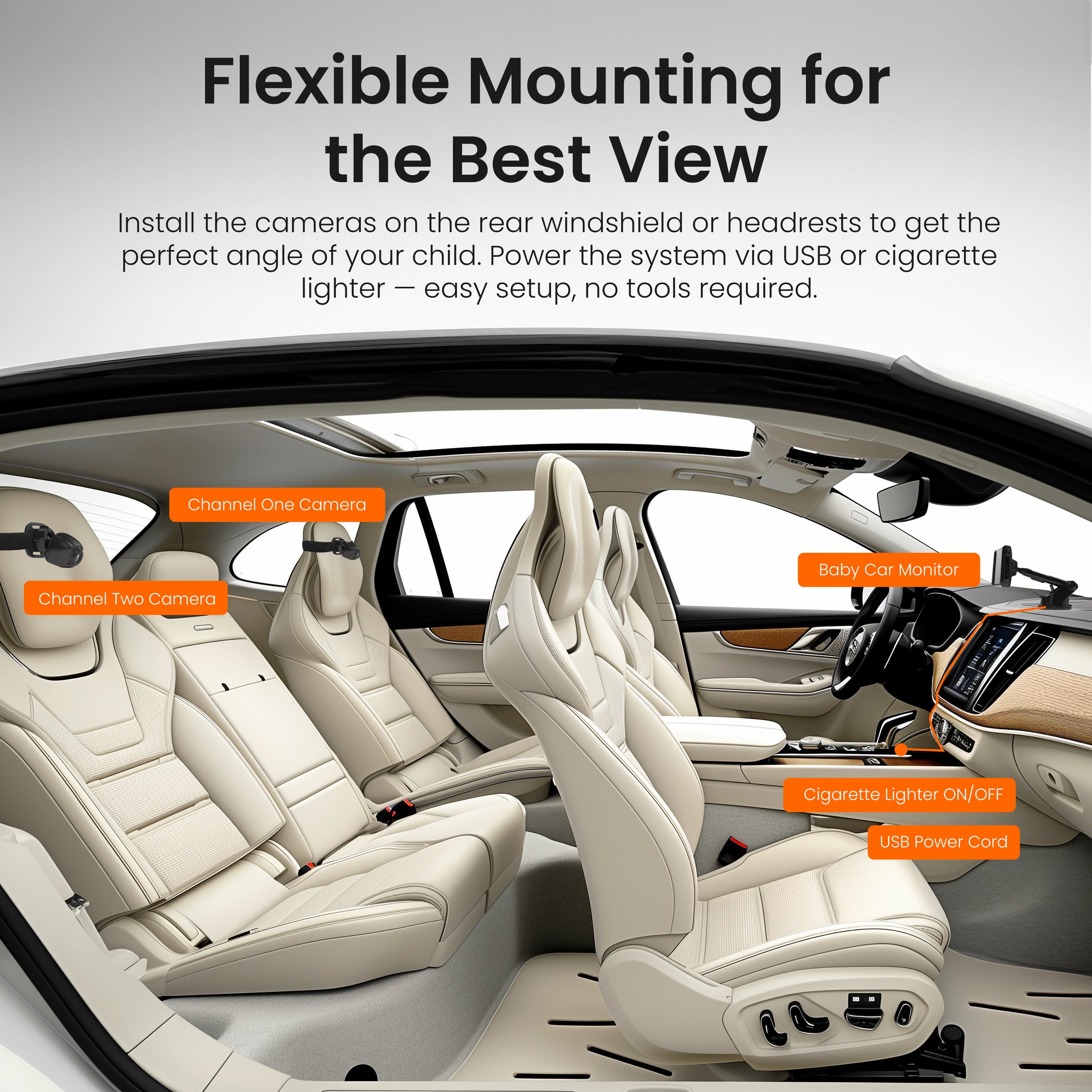 Flexible Mounting for the Best View
Install the cameras on the rear windshield or headrests to get the perfect angle of your child. Power the system via USB or cigarette lighter — easy setup, no tools required.
Channel One Camera
Channel Two Camera
Baby Car Monitor
Cigarette Lighter ON/OFF
USB Power Cord