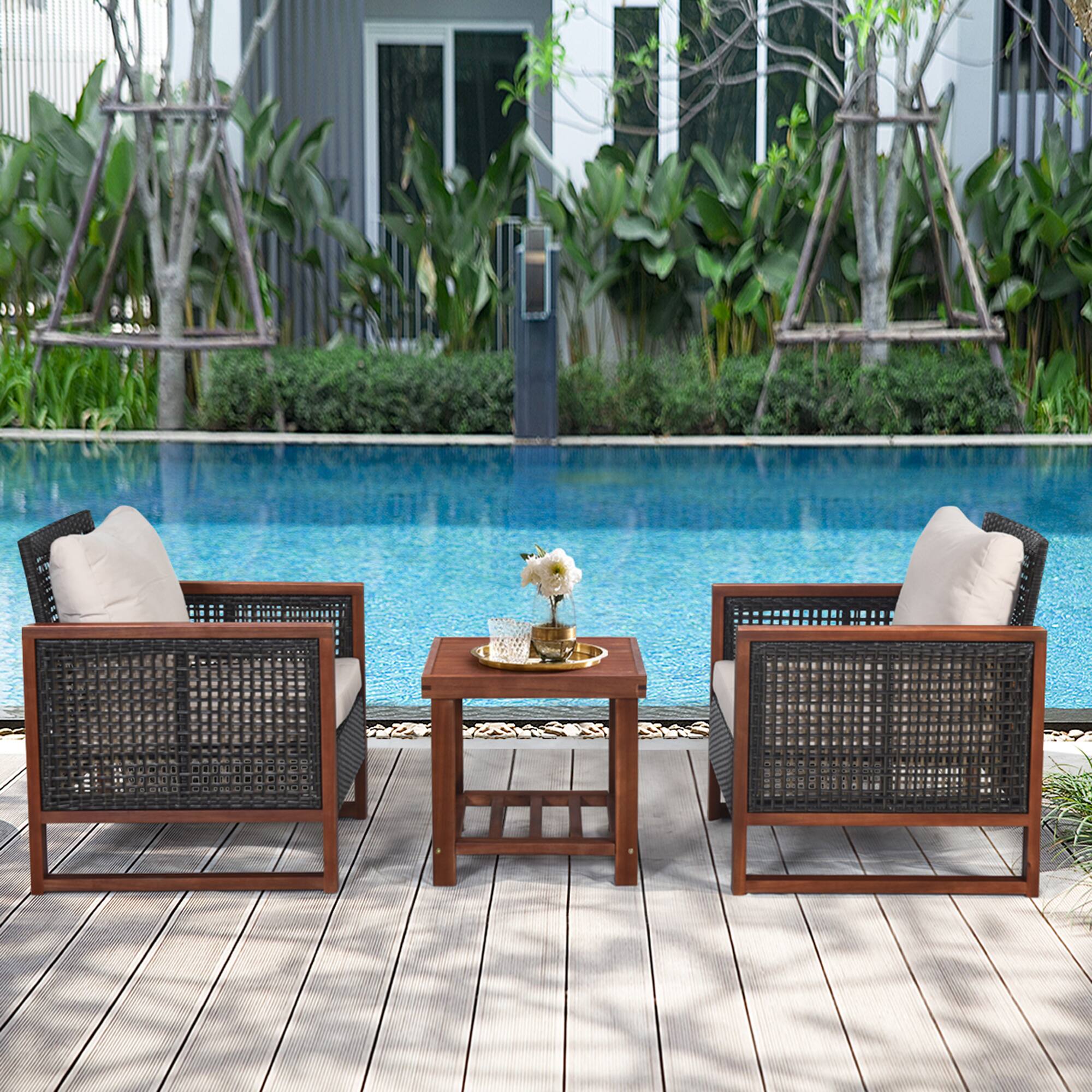 Alt View 2. Gymax - Gymax 3PCS Rattan Wicker Patio Conversation Set Outdoor Furniture Set w/ Cushion - as pic.