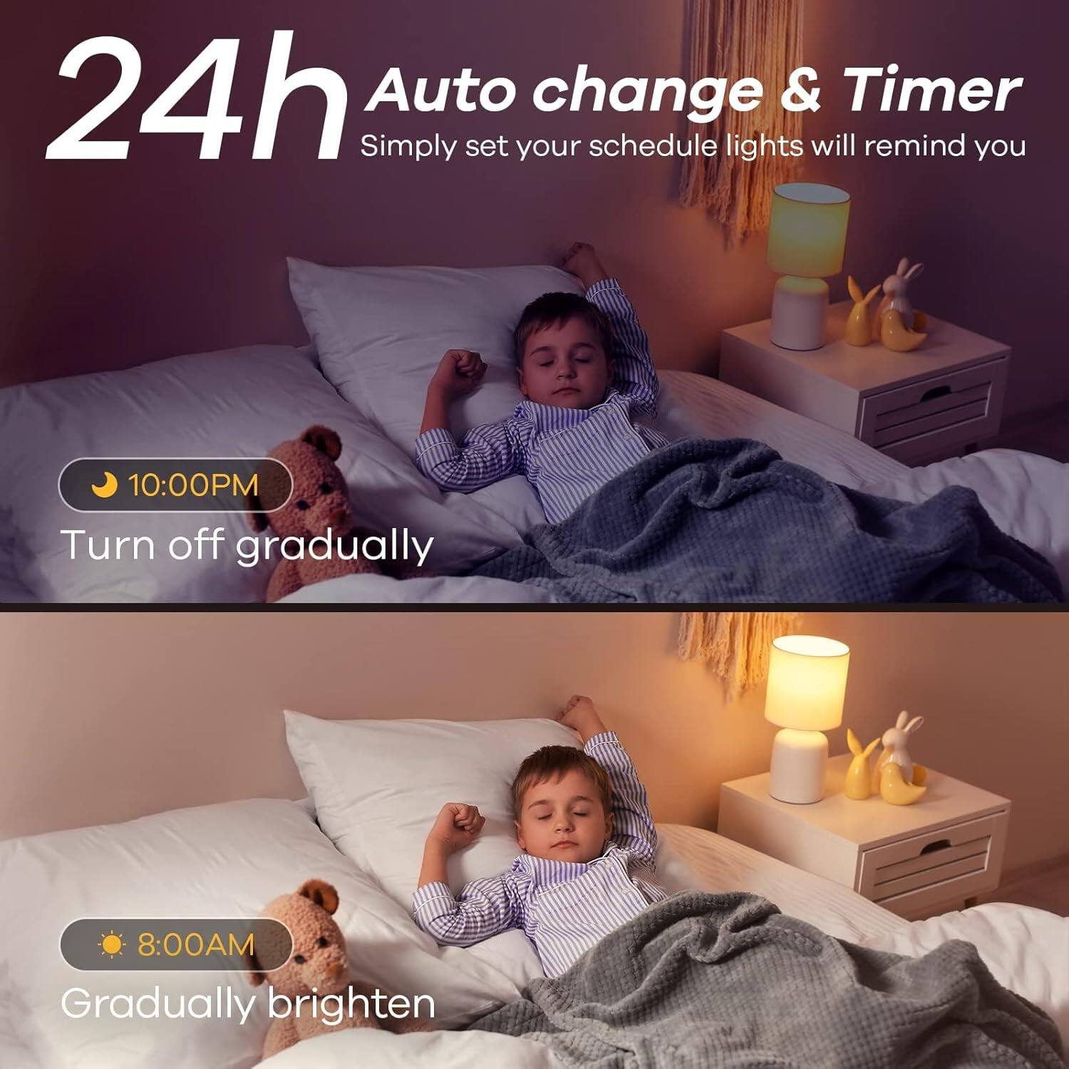 24h Auto change & Timer  
Simply set your schedule lights will remind you  

10:00PM  
Turn off gradually  

8:00AM  
Gradually brighten