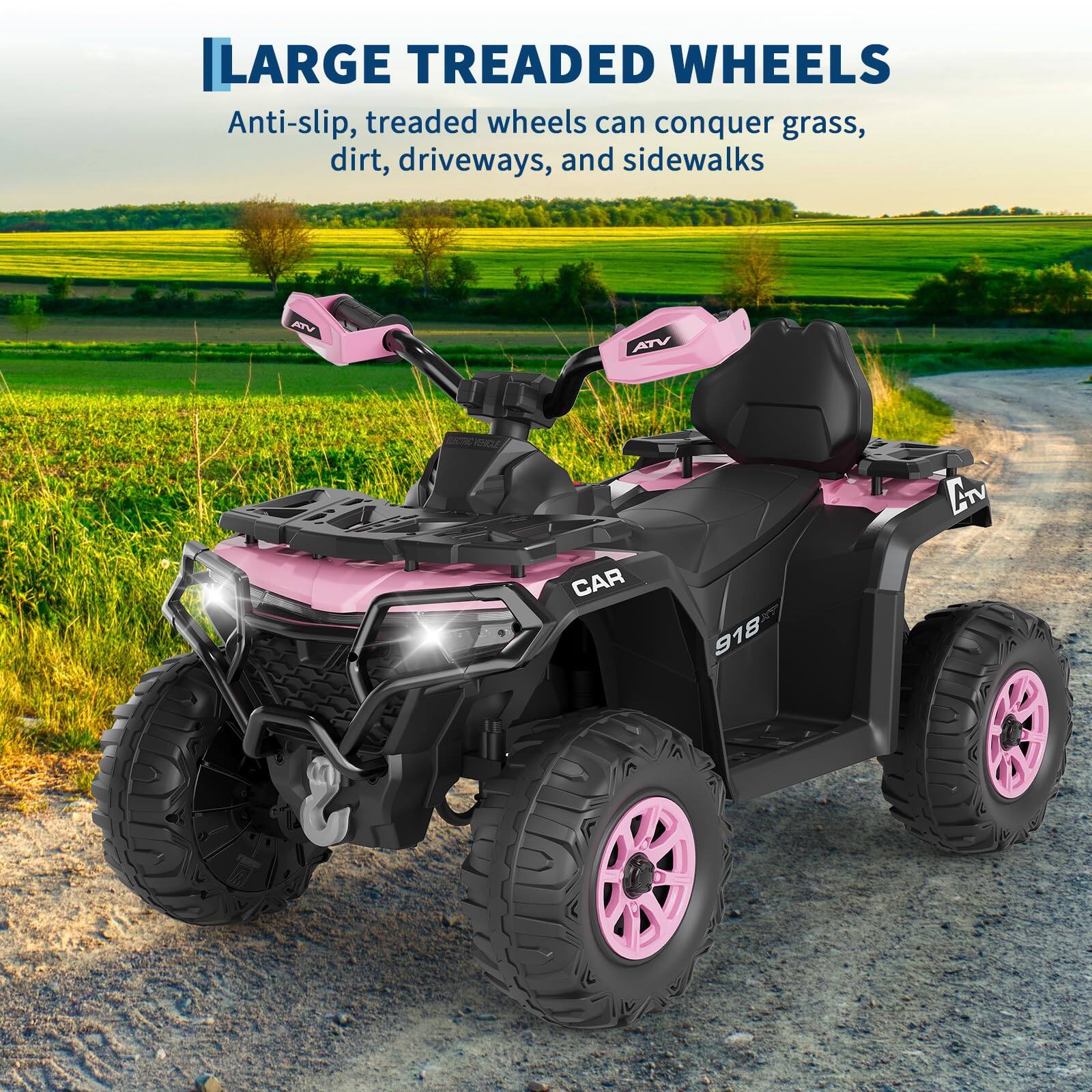 LARGE TREADED WHEELS  
Anti-slip, treaded wheels can conquer grass, dirt, driveways, and sidewalks  

ATV CAR 918