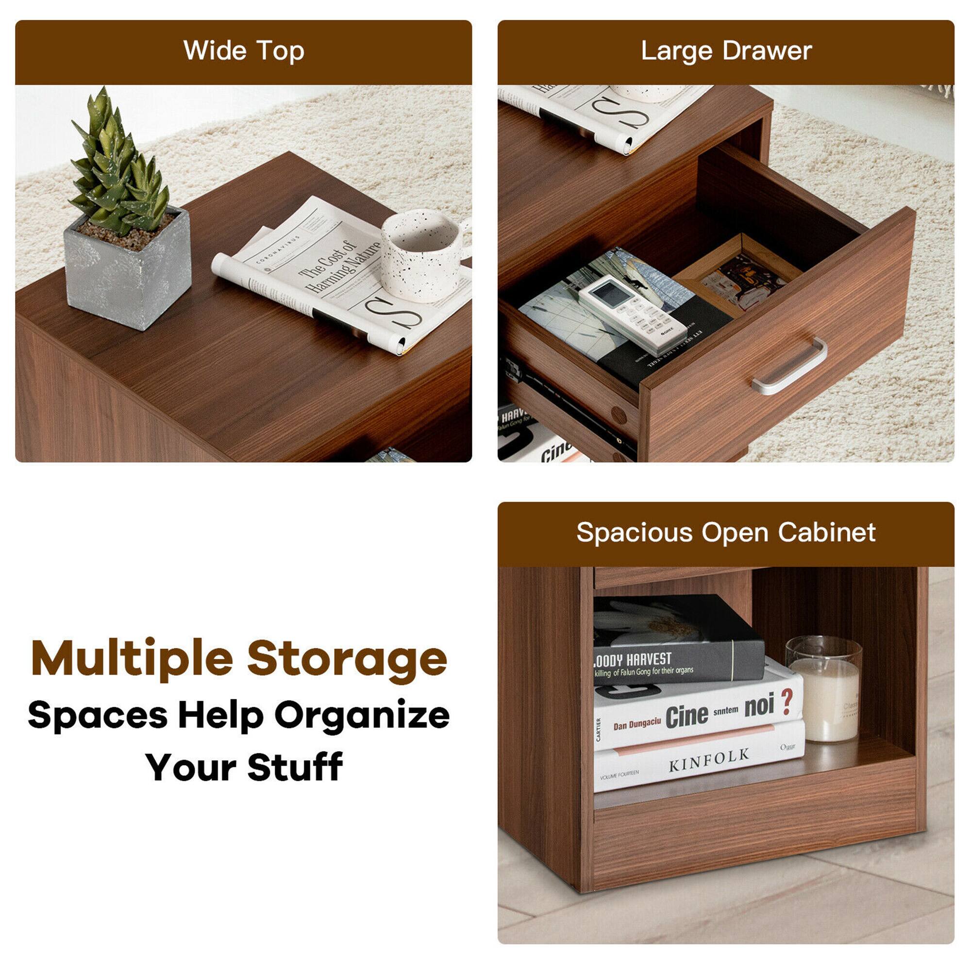 The text in the image can be grouped and corrected as follows:

1. **Wide Top**
2. **Large Drawer**
3. **Spacious Open Cabinet**
4. **Multiple Storage Spaces Help Organize Your Stuff**

The text appears to be describing the features of a piece of furniture, likely a sideboard or console table, with a wide top, a large drawer, and open storage spaces for organizing items.