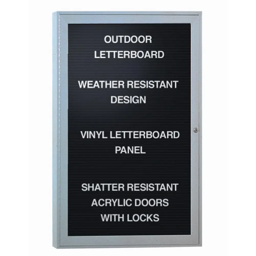 OUTDOOR LETTERBOARD  
WEATHER RESISTANT DESIGN  
VINYL LETTERBOARD PANEL  
SHATTER RESISTANT ACRYLIC DOORS WITH LOCKS
