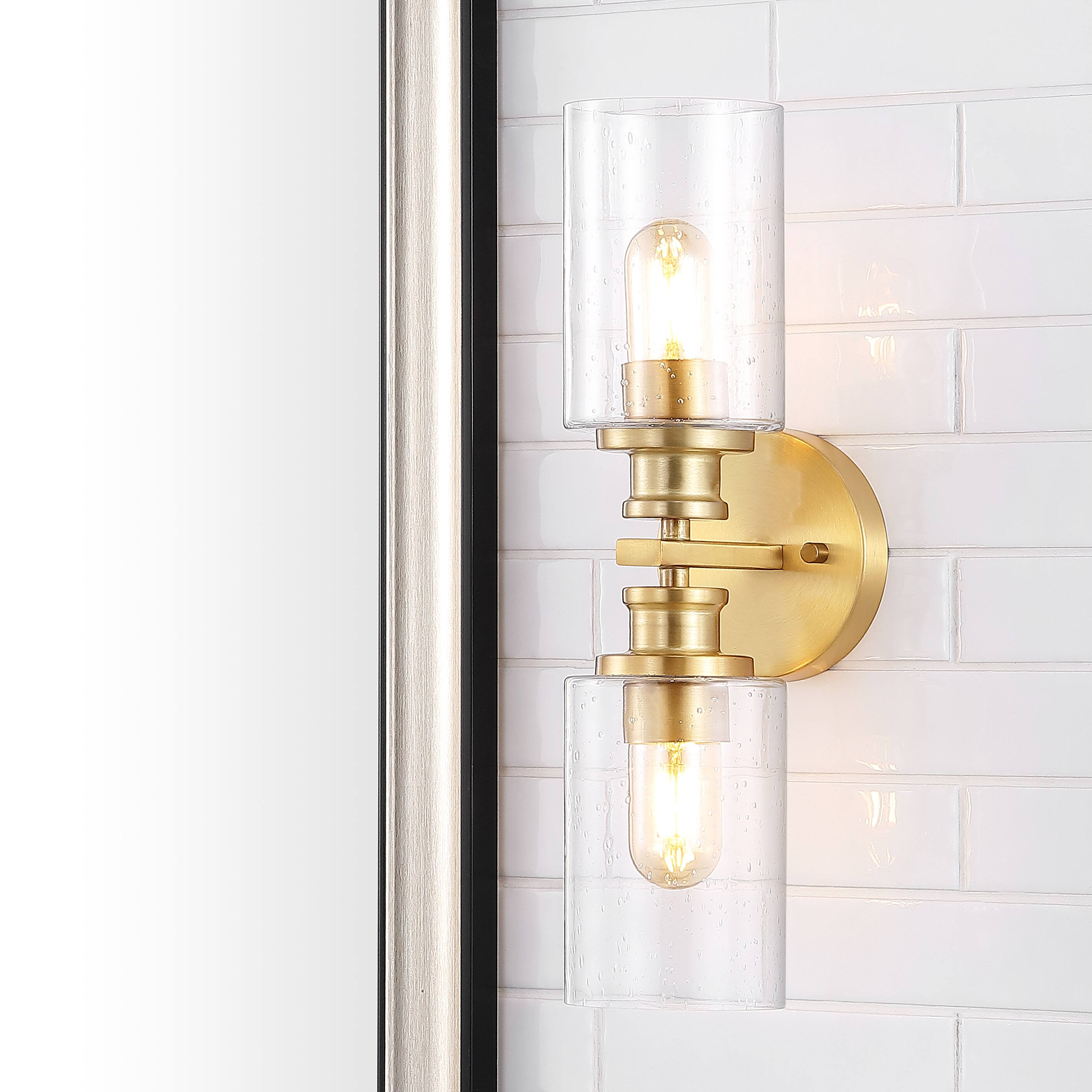 Alt View 9. Jonathan Y - Jules Edison 16.5" Cylinder 2-Light Iron/Seeded Glass Farmhouse Contemporary LED Wall Sconce, Brass Gold - Brass Gold.