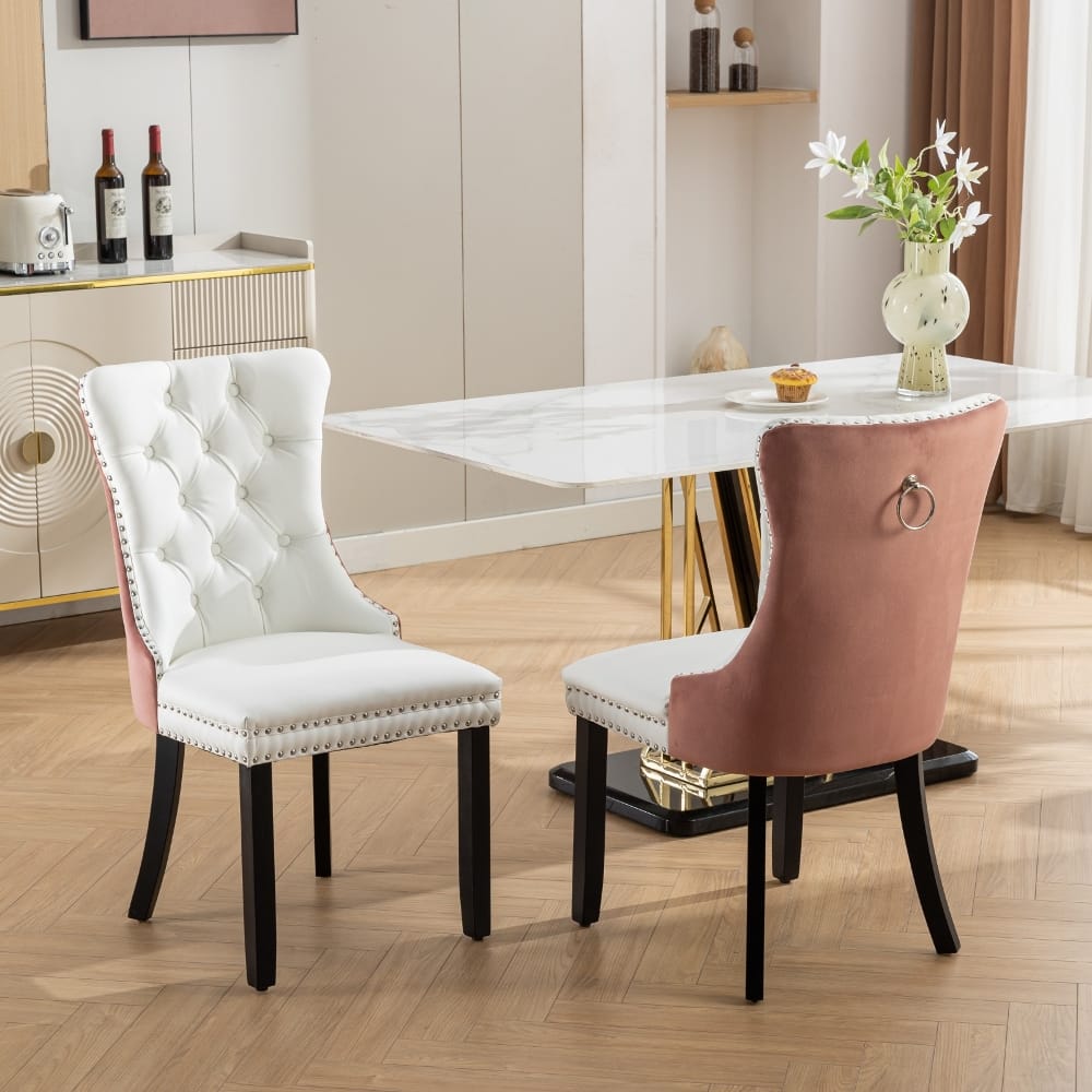 Loheer - Modern Tufted Solid Wood Dining Chairs Set of 2 White PU Pink Velvet Upholstered with Nailhead Trim Wood Legs - White/Pink price history on PriceWatchPro