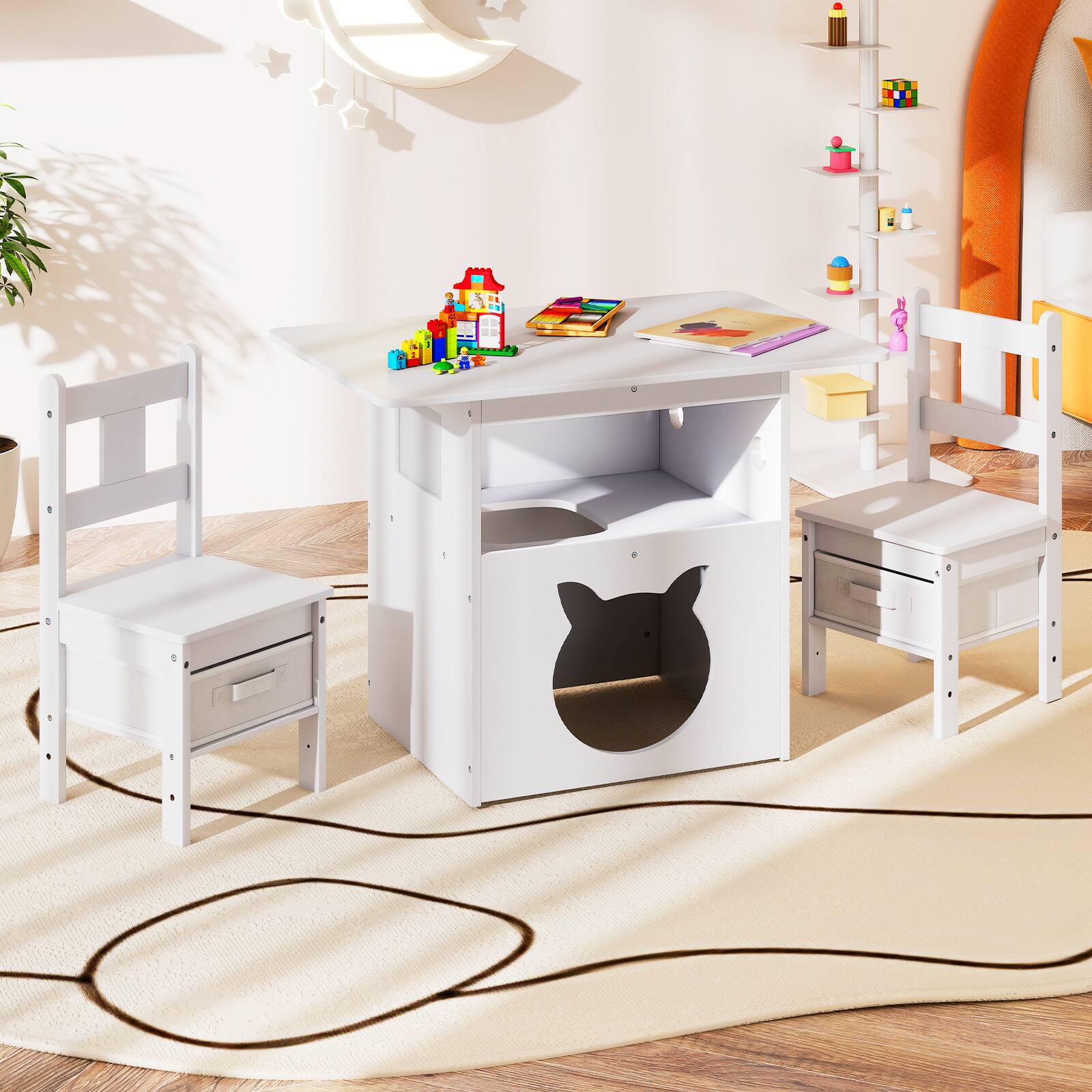 Alt View 1. Gymax - Gymax 3 PCS Kids Table and Chairs Set Furniture w/Cat House Hole & Window 2 Chairs - White.