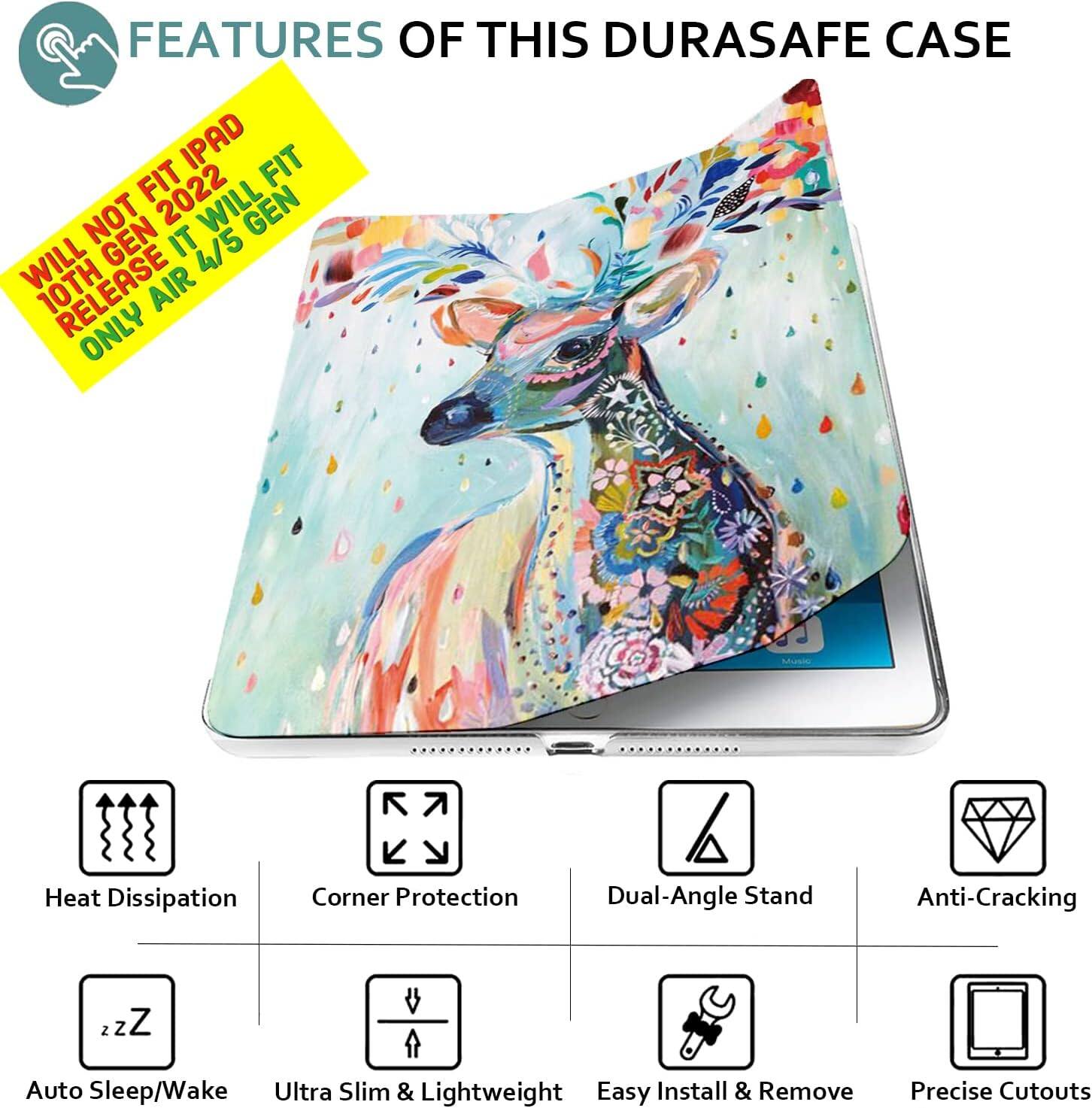 FEATURES OF THIS DURASAFE CASE

- WILL NOT FIT IPAD 10TH GEN 2022
- WILL FIT ONLY AIR 4/5 GEN

- Heat Dissipation
- Corner Protection
- Dual-Angle Stand
- Anti-Cracking
- Auto Sleep/Wake
- Ultra Slim & Lightweight
- Easy Install & Remove
- Precise Cutouts