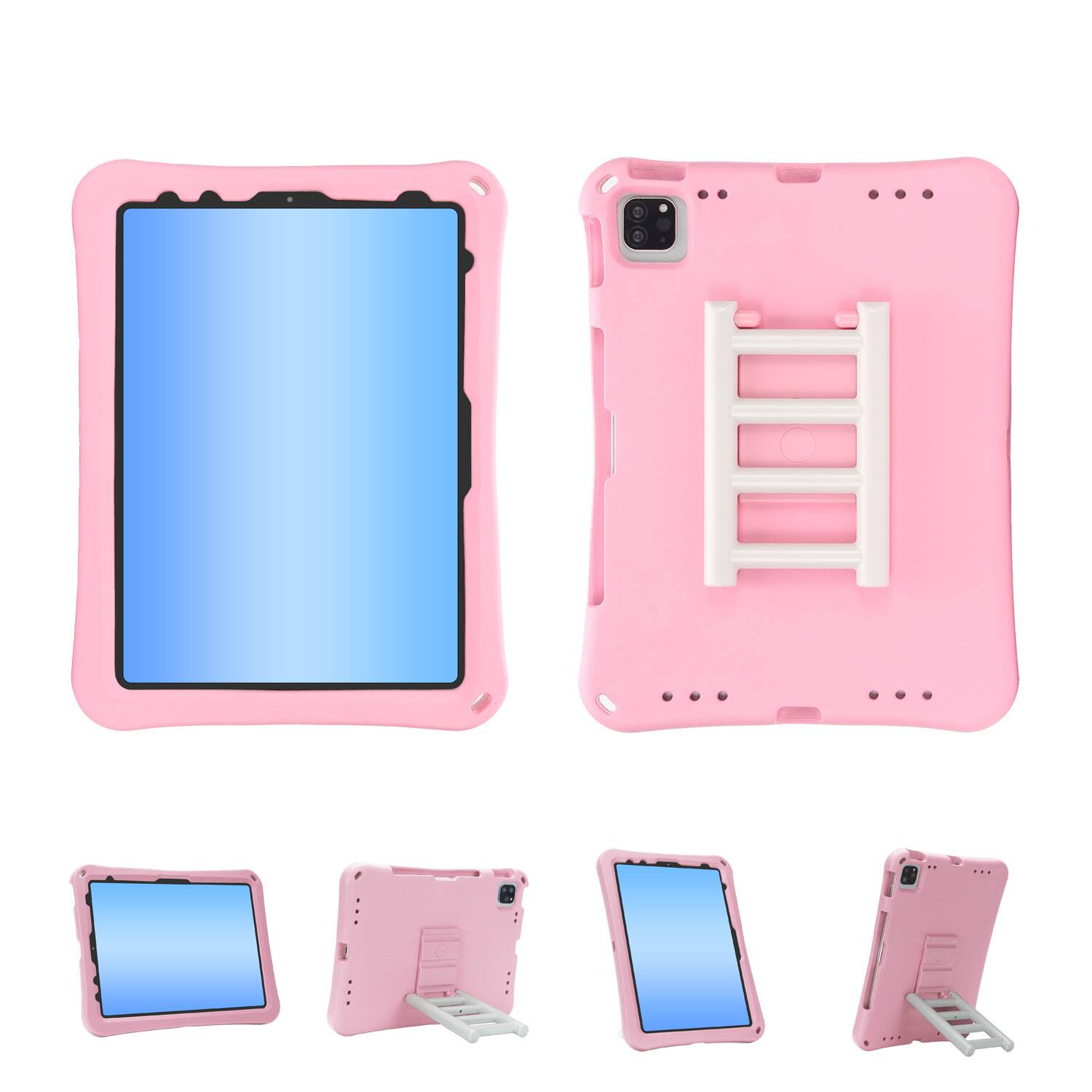 The image shows a pink tablet case with a built-in stand.