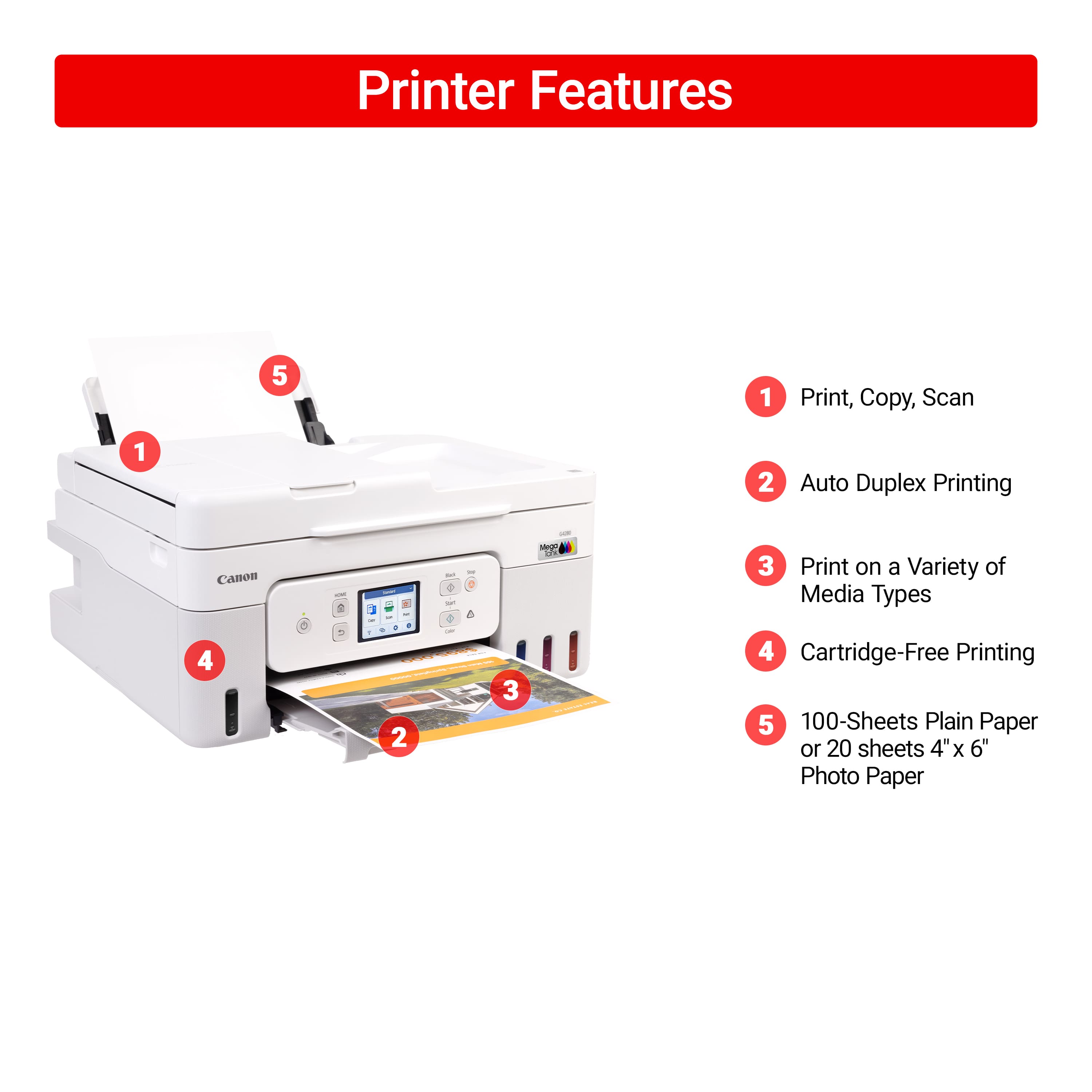 Printer Features:
1. Print, Copy, Scan
2. Auto Duplex Printing
3. Print on a Variety of Media Types
4. Cartridge-Free Printing
5. 100-Sheets Plain Paper or 20 sheets 4"x6" Photo Paper