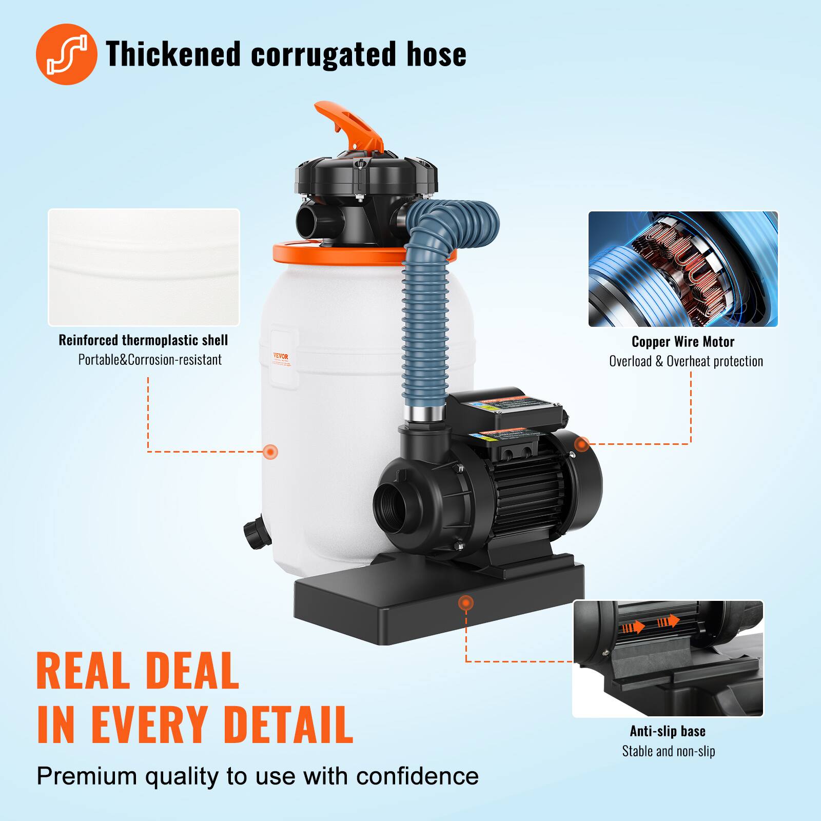 Thickened corrugated hose

- Reinforced thermoplastic shell
  - Portable & Corrosion-resistant

- Copper Wire Motor
  - Overload & Overheat protection

- Anti-slip base
  - Stable and non-slip

REAL DEAL IN EVERY DETAIL

Premium quality to use with confidence