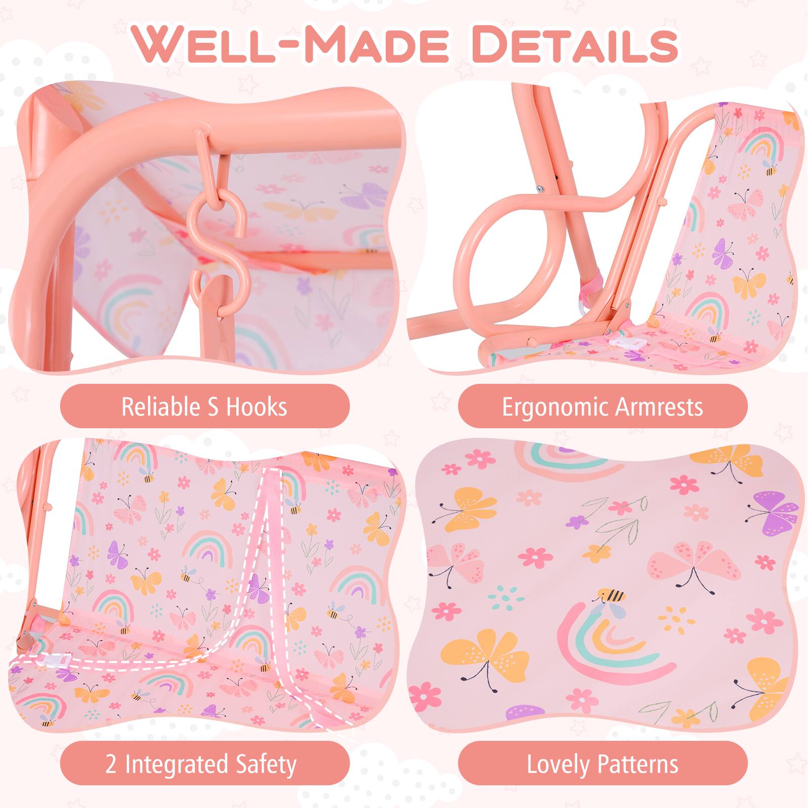 WELL-MADE DETAILS

- Reliable S Hooks
- Ergonomic Armrests
- 2 Integrated Safety
- Lovely Patterns