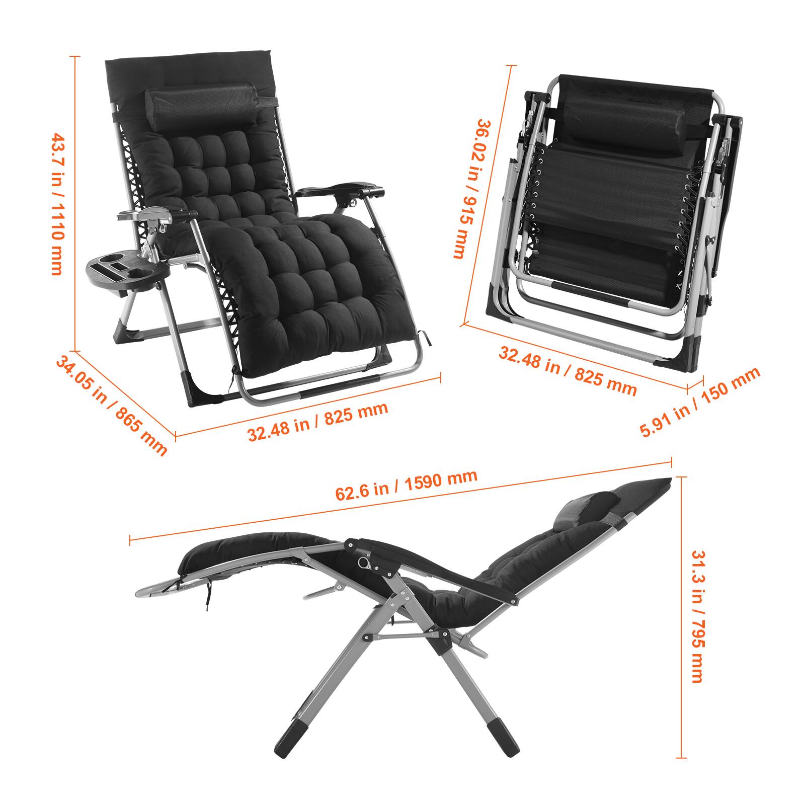 - 43.7 in / 1110 mm
- 36.02 in / 915 mm
- 34.05 in / 865 mm
- 32.48 in / 825 mm
- 32.48 in / 825 mm
- 62.6 in / 1590 mm
- 5.91 in / 150 mm
- 31.3 in / 795 mm