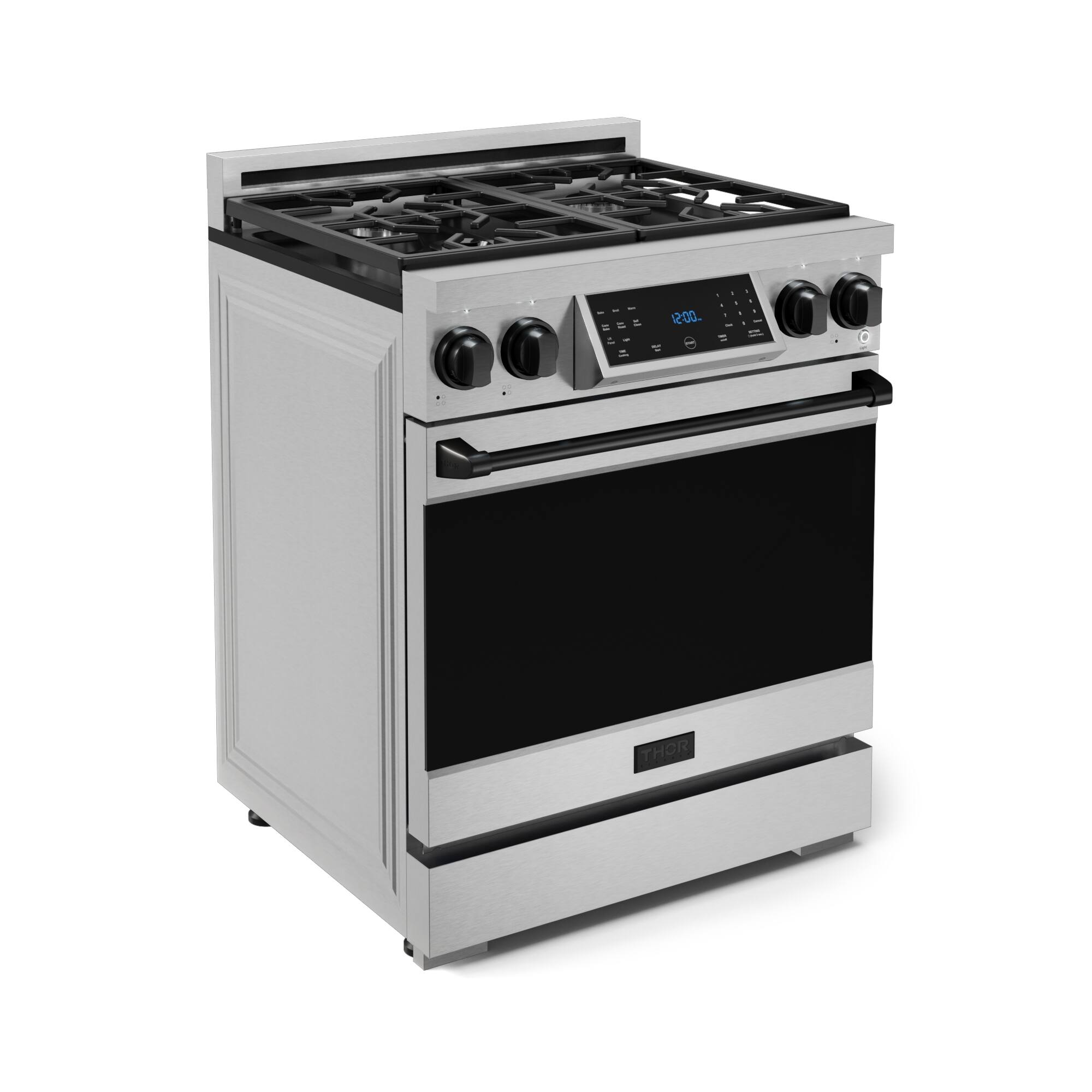 The text on the image reads "12:00 d Thor." However, it is unclear what the "d Thor" part refers to. It could be a reference to the brand name "Thor" or a typo. The image shows a stainless steel oven with a black door and a digital display.