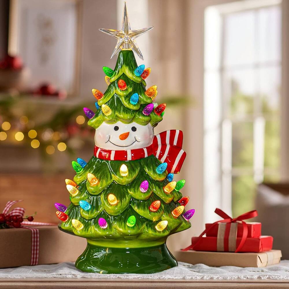 Left. RTMB - Mini Ceramic Christmas Tree, 11" Pre-Lit Battery Operated Tabletop Tree with Snowman Ornaments and 50 Multicolored Light - Multicolored.