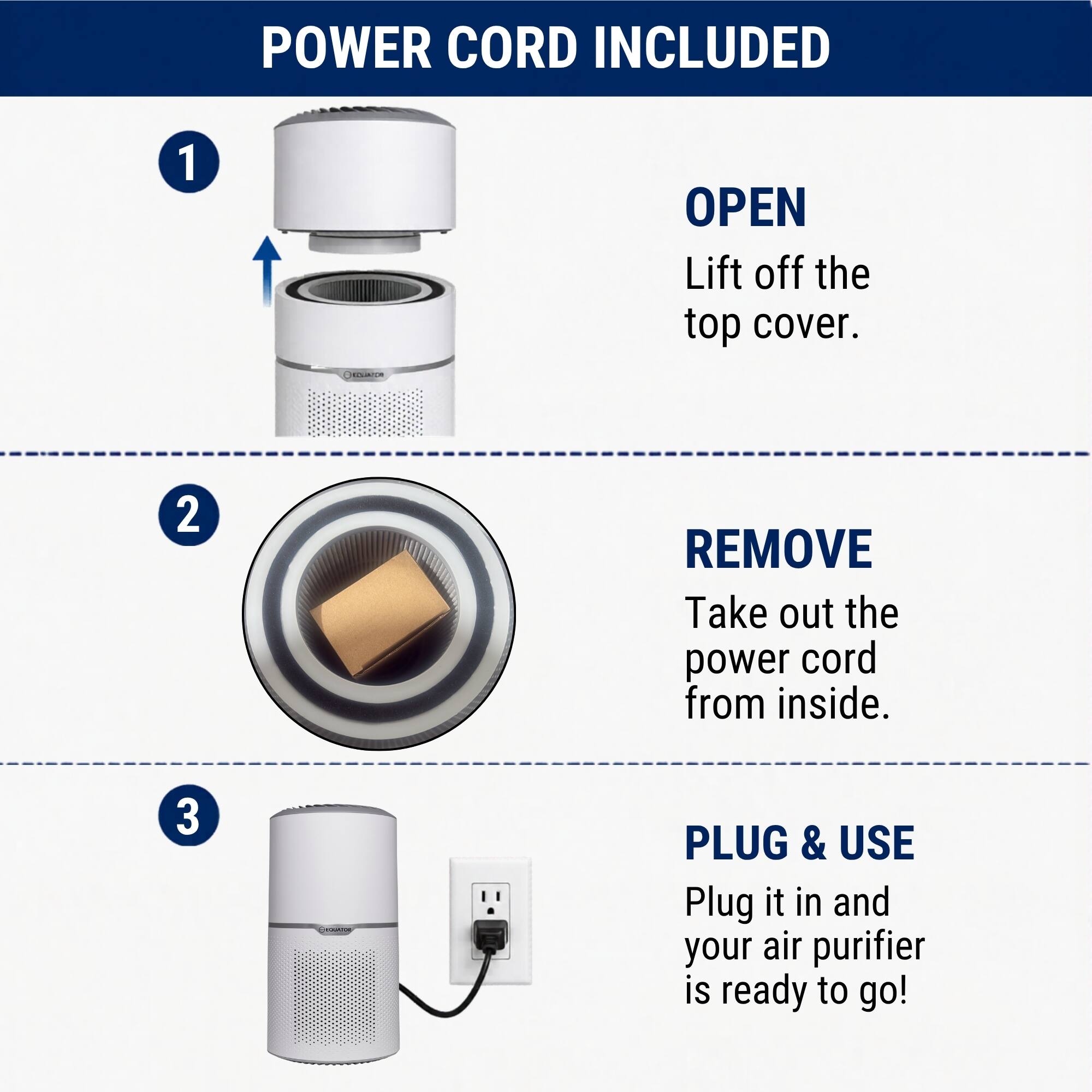 POWER CORD INCLUDED

1. OPEN
   Lift off the top cover.

2. REMOVE
   Take out the power cord from inside.

3. PLUG & USE
   Plug it in and your air purifier is ready to go!