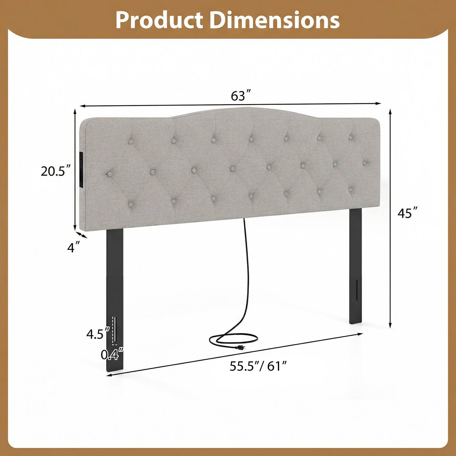 Product Dimensions: 63" x 20.5" x 45" x 4" x 4.5" | 0.4" x 55.5"/61"