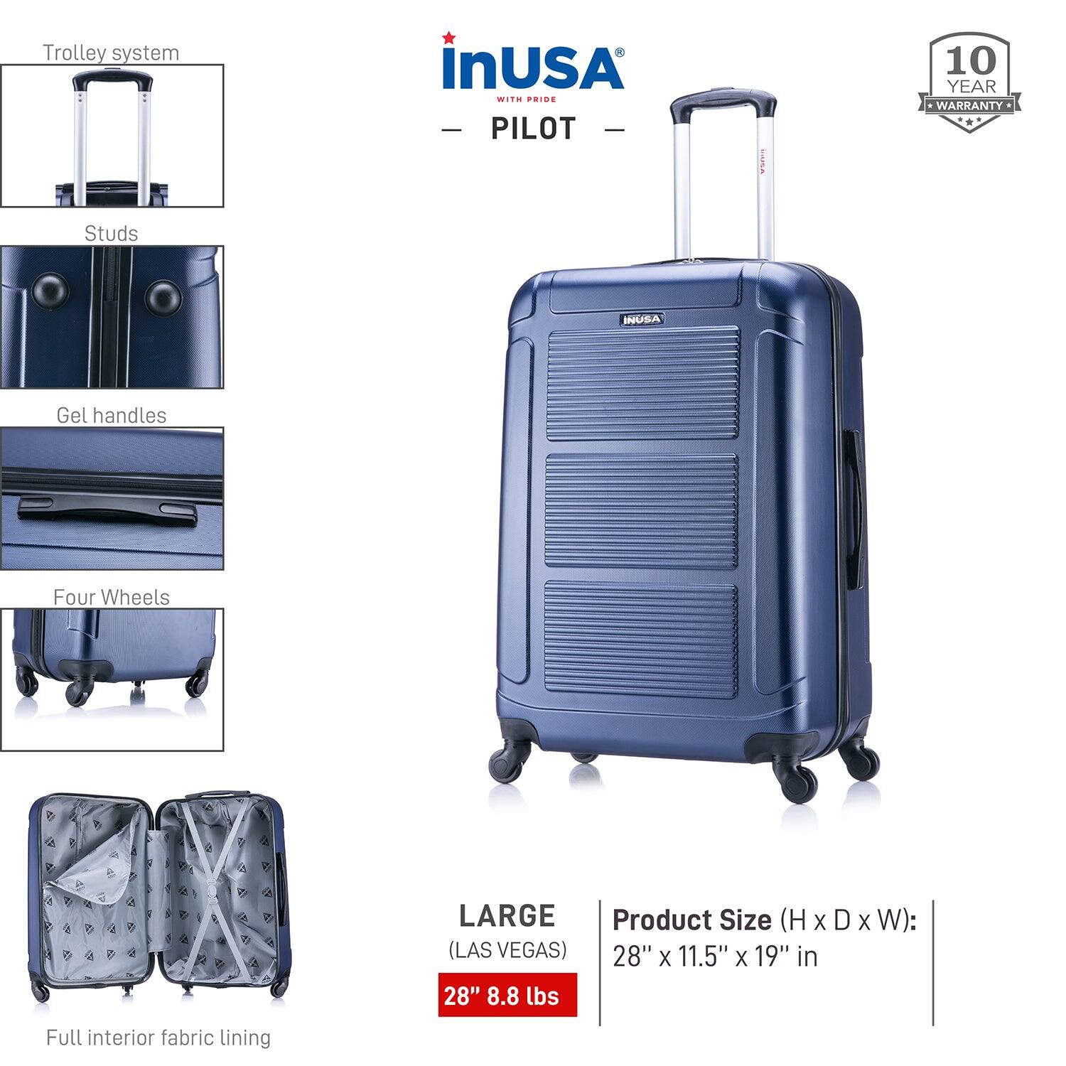 - Trolley system
- Studs
- Gel handles
- Four Wheels
- Full interior fabric lining

**inUSA**  
- PILOT  
- 10 YEAR WARRANTY

**LARGE**  
(LAS VEGAS)  
28" 8.8 lbs

**Product Size (H x D x W):**  
28" x 11.5" x 19" in