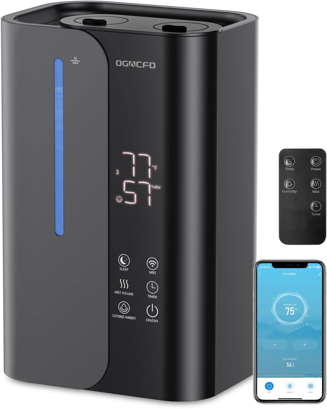 SL MAX OGACFO  
3 77 F 96RH 57  
Sleep Humidity Power S Mist L Timer  
SLEEP WIFI 18.29  
hmadfier  
MIST VOLUME TIMER CUSTOMIZE HUMIDITY ON/OFF  
1 75 +  
Humidity 56 2 88