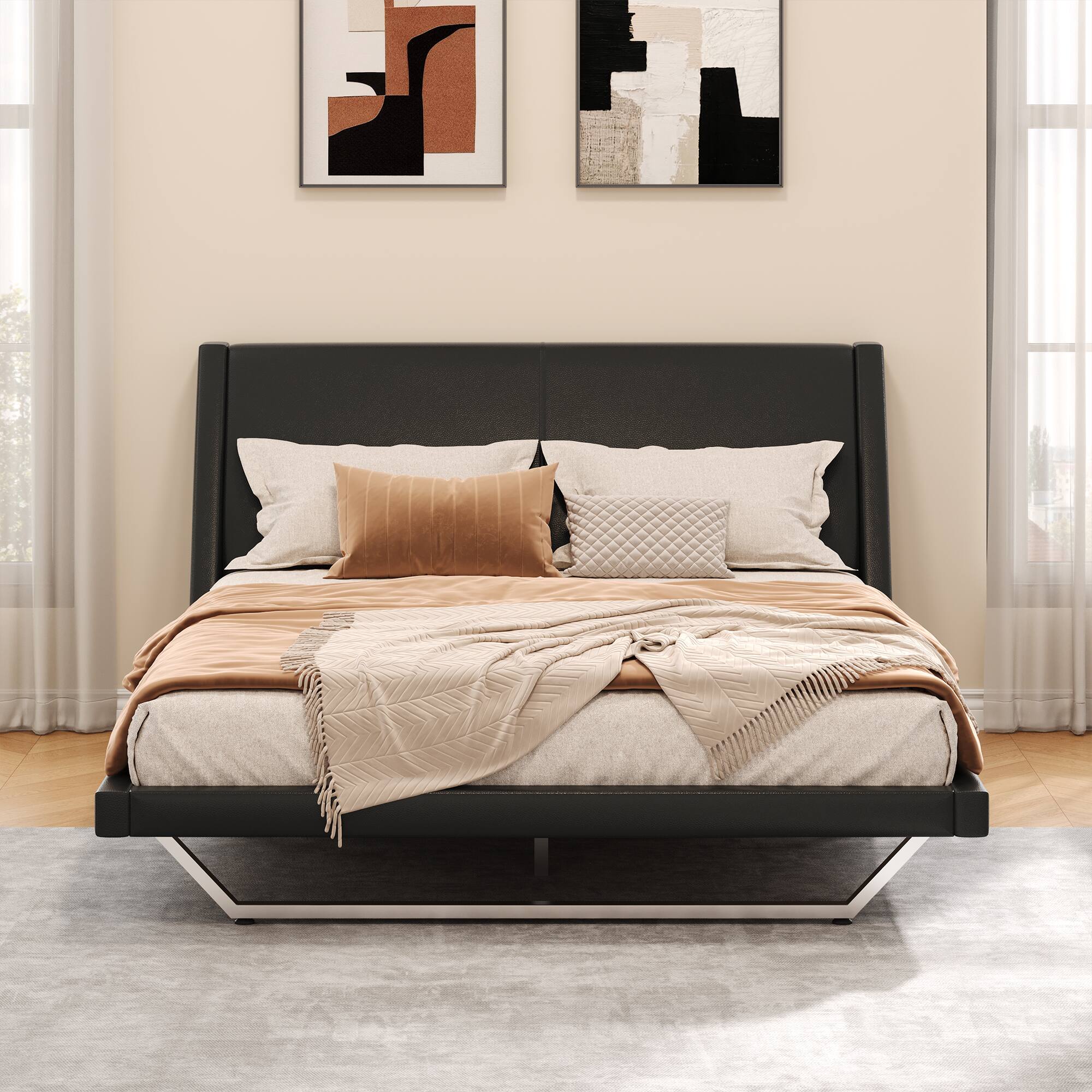 Angle. Whisen - Queen Size Upholstered Platform Bed Frame with Trapezoidal-Shaped Leg for Bedroom - Black.