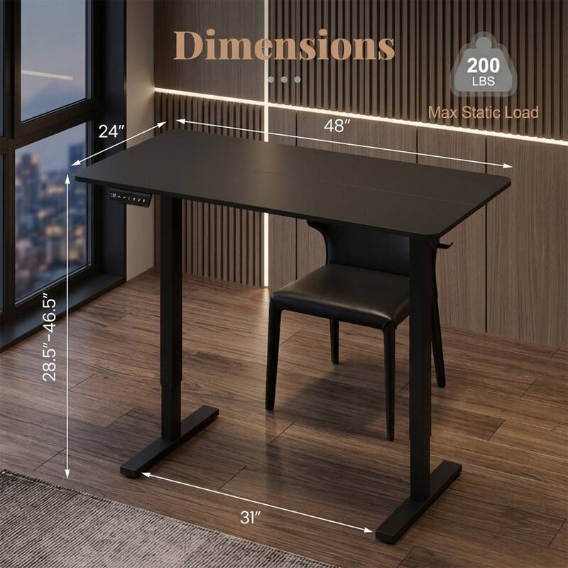 Dimensions: 24" x 48"  
Max Static Load: 200 LBS  
Height Range: 28.5" - 46.5"  
Depth: 31"