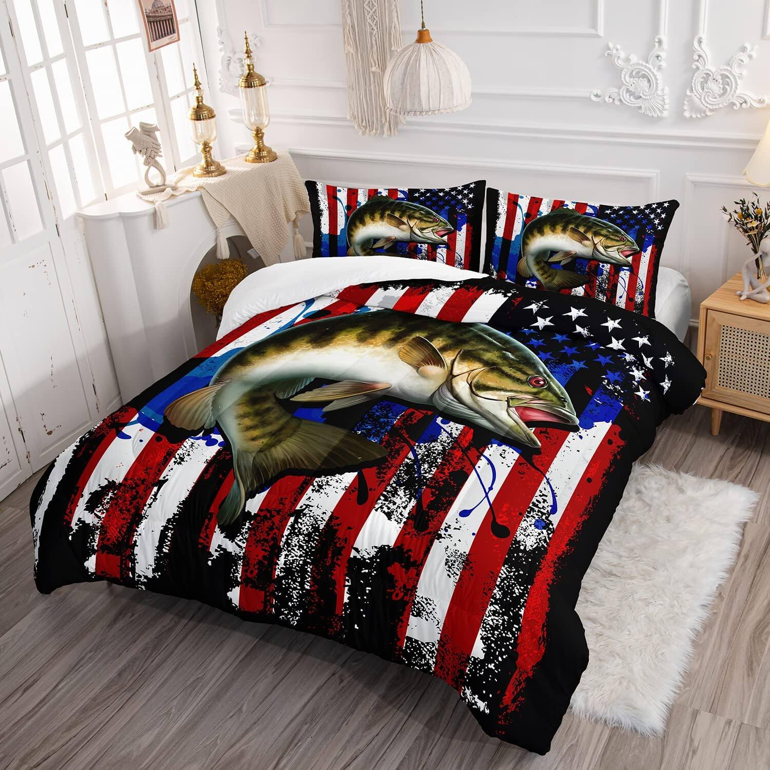 Alt View 1. Wikistore - WIKISTORE Big Pike Fishing Comforter Set Queen Size Bass Fish American Flag Pattern Bedding 3 Piece - As Picture.