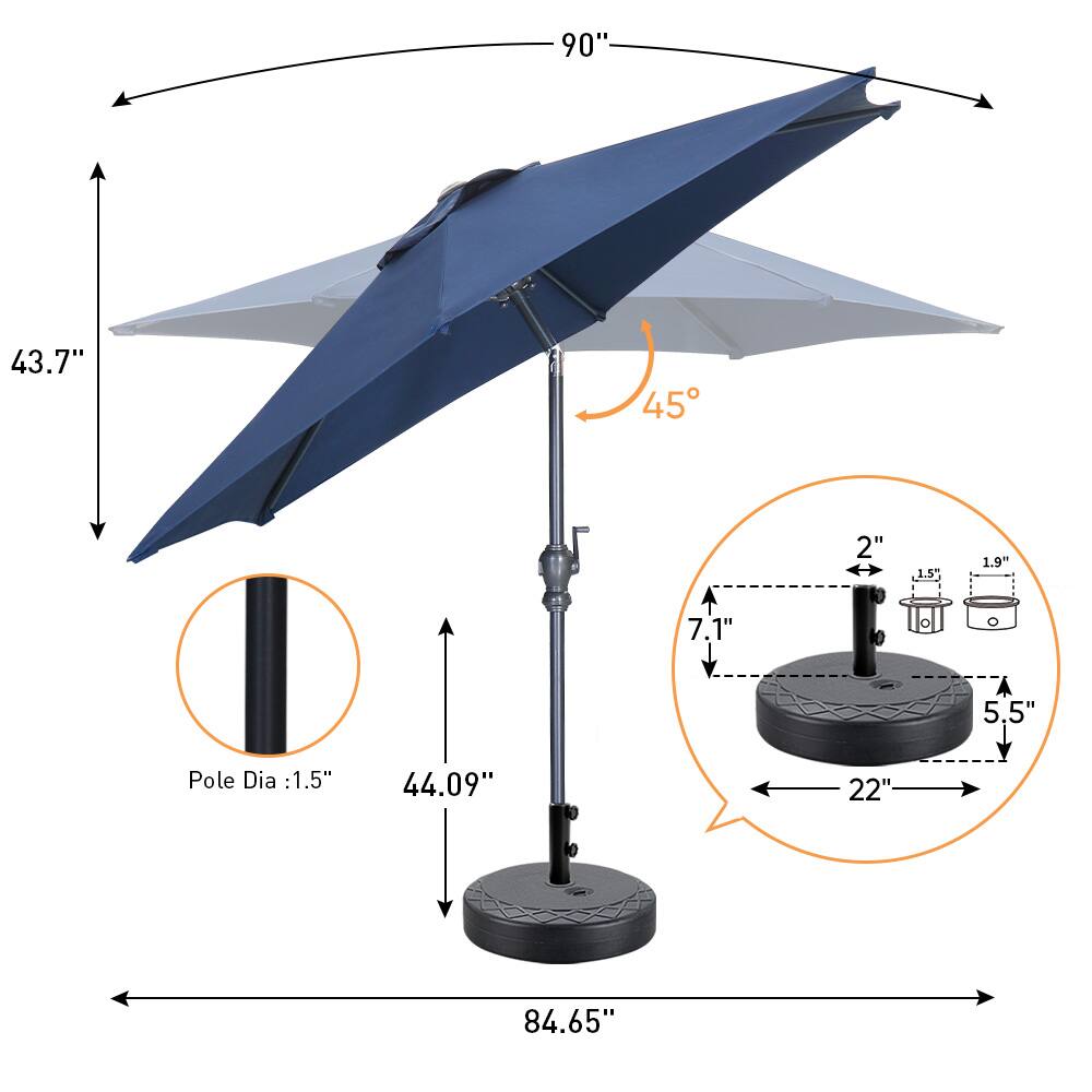 - 90"
- 43.7"
- 44.09"
- 84.65"
- Pole Dia: 1.5"
- 22"
- 7.1"
- 5.5"
- 1.5"
- 1.9"
