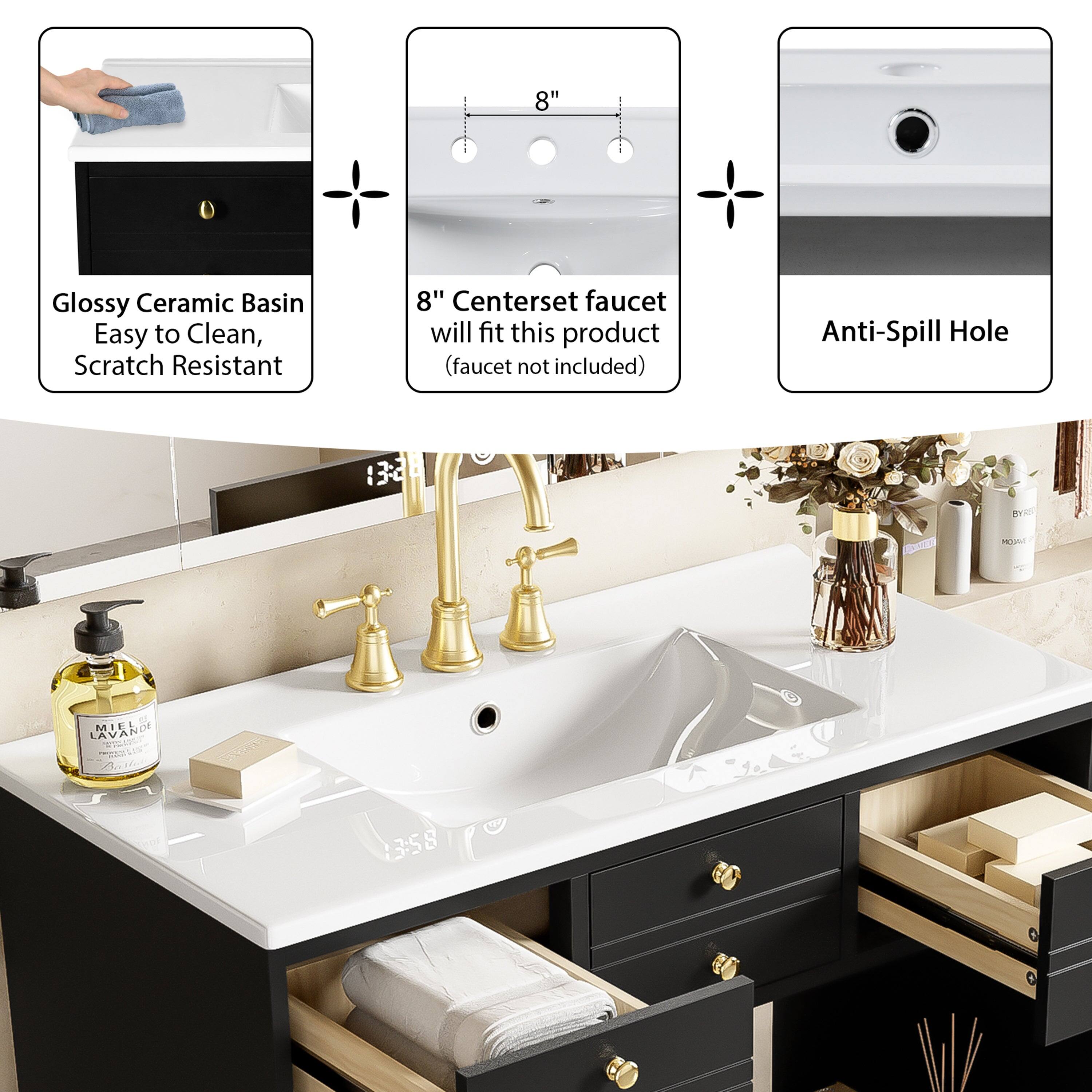 8" Glossy Ceramic Basin Easy to Clean, Scratch Resistant  
8" Centerset faucet will fit this product (faucet not included)  
Anti-Spill Hole