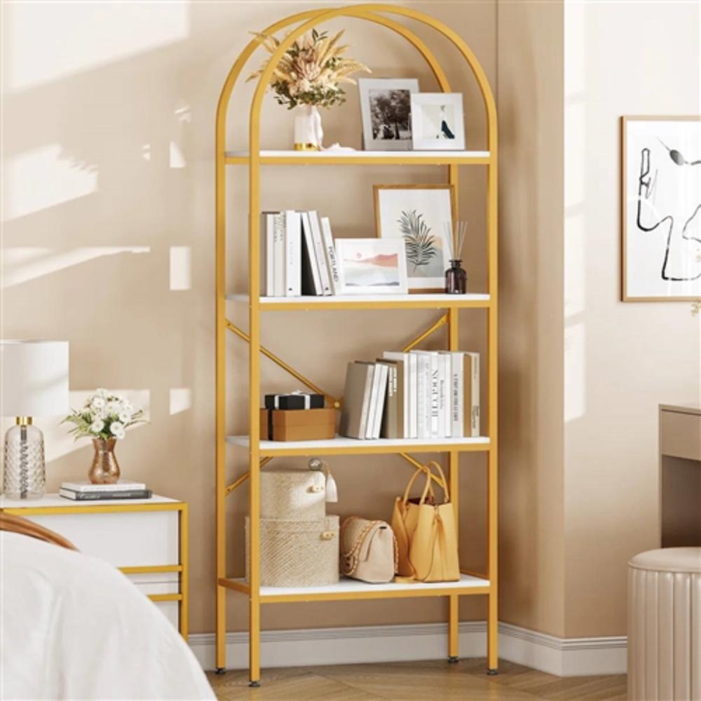Angle. Hivvago - Modern Arched Top Gold Frame Display Rack Bookcase with White Storage Shelves - Gold.