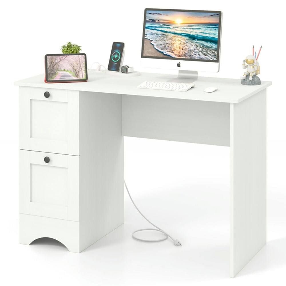 Back. Kadyn - Study Writing Desk, Computer Desk,43 Inch Computer Desk with Charging Station for Living Room-White - White.