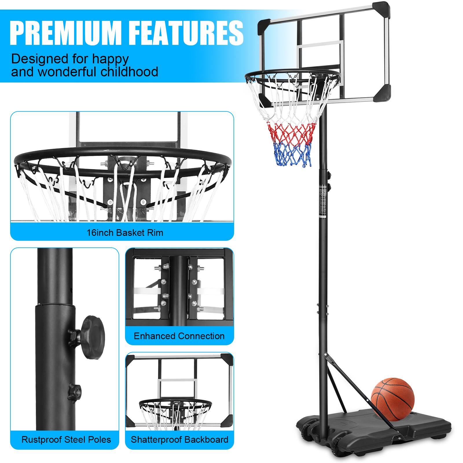 PREMIUM FEATURES  
Designed for happy and wonderful childhood  

16inch Basket Rim  
Enhanced Connection  
Rustproof Steel Poles  
Shatterproof Backboard