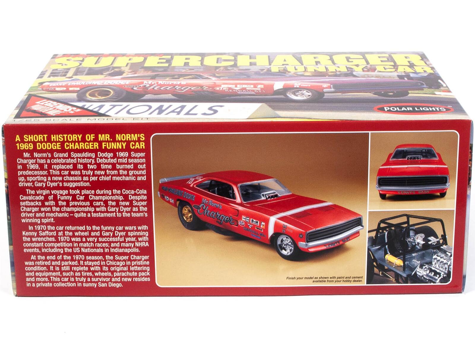 SUPERCHARGER PUF CAR SPAULDINO DOOCT RNOPFE FEANY ftgez LESONS? NATIONALS SCALE MODEL FIT POLAR LIGHTS A SHORT HISTORY OF MR. NORM'S 1969 DODGE CHARGER FUNNY CAR Mr. Norm's Grand Spaulding Dodge 1969 Super Charger has celebrated history. Debuted mid season 1969, replaced its two time burned out predecessor. This car was truly new from the ground up, sporting new chassis per chief mechanic and driver, Gary Dyer's suggestion. The virgin voyage took place during the Coca-Cola Cavalcade Funny Car Championship. Despite setbacks with the previous cars, the new Super Charger won the championship with Gary Dyer the driver and mechanic quite testament the team's winning spirit. 1970 the car returned the funny car wars with Kenny Safford the wheel and Gary Dyer spinning the wrenches. 1970 was very successful year, with constant competition match races; and many NHRA events, including the US Nationals Indianapolis. the end the 1970 season, the Super Charger retired and parked up, sporting a new chassis as per chief mechanic and driver, Gary Dyer's suggestion. The virgin