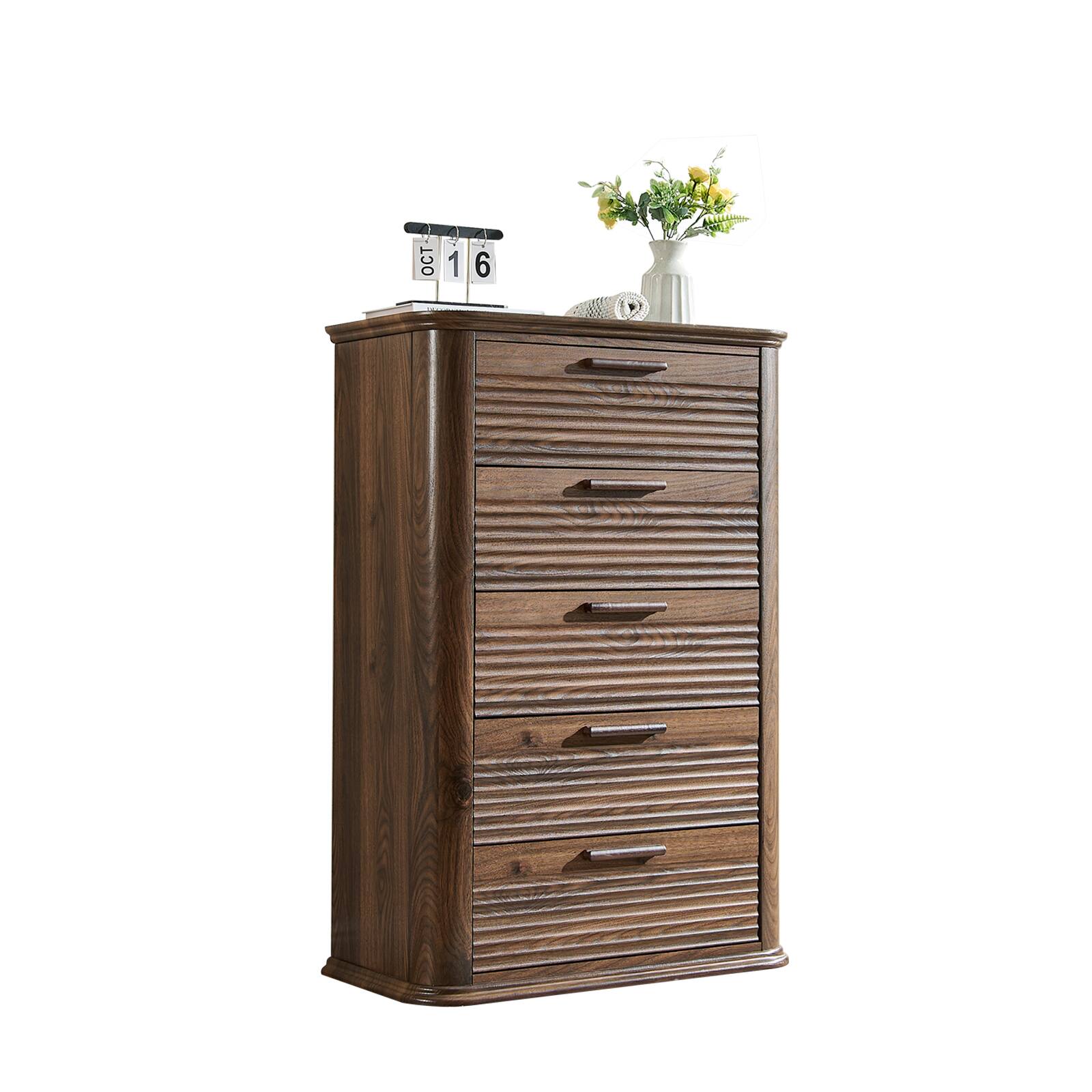 Forest'nSky - Wood 5 drawer 31.5 in. Wide Chest of Drawers with Curved Profile Design for Living Room - Walnut