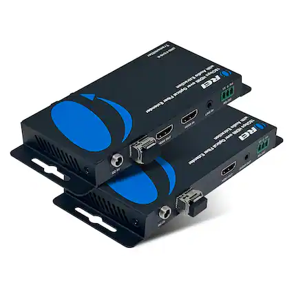 Sure, here is the corrected and grouped text from the image:
---
**Transmitter (Top Unit):**
- HDMI IN
- LINE IN
- RS-232
- DC 5V
**Receiver (Bottom Unit):**
- HDMI OUT
- AUDIO OUT
- RS-232
- DC 5V
**Additional Text:**
- SV DC Transmitter UND-FOI&K with Audio 18Gbps Extraction HOMI RCI RR over + 7K Optical Fiber RS R5-232 Extender LINE IN IN with HON Audio 18Gbps Extraction HDMI REI OUT over A HDM Optical Fiber 175 Extender OOT ALR 2 DC1V
---
This text is organized based on the labels and additional information provided on the devices.