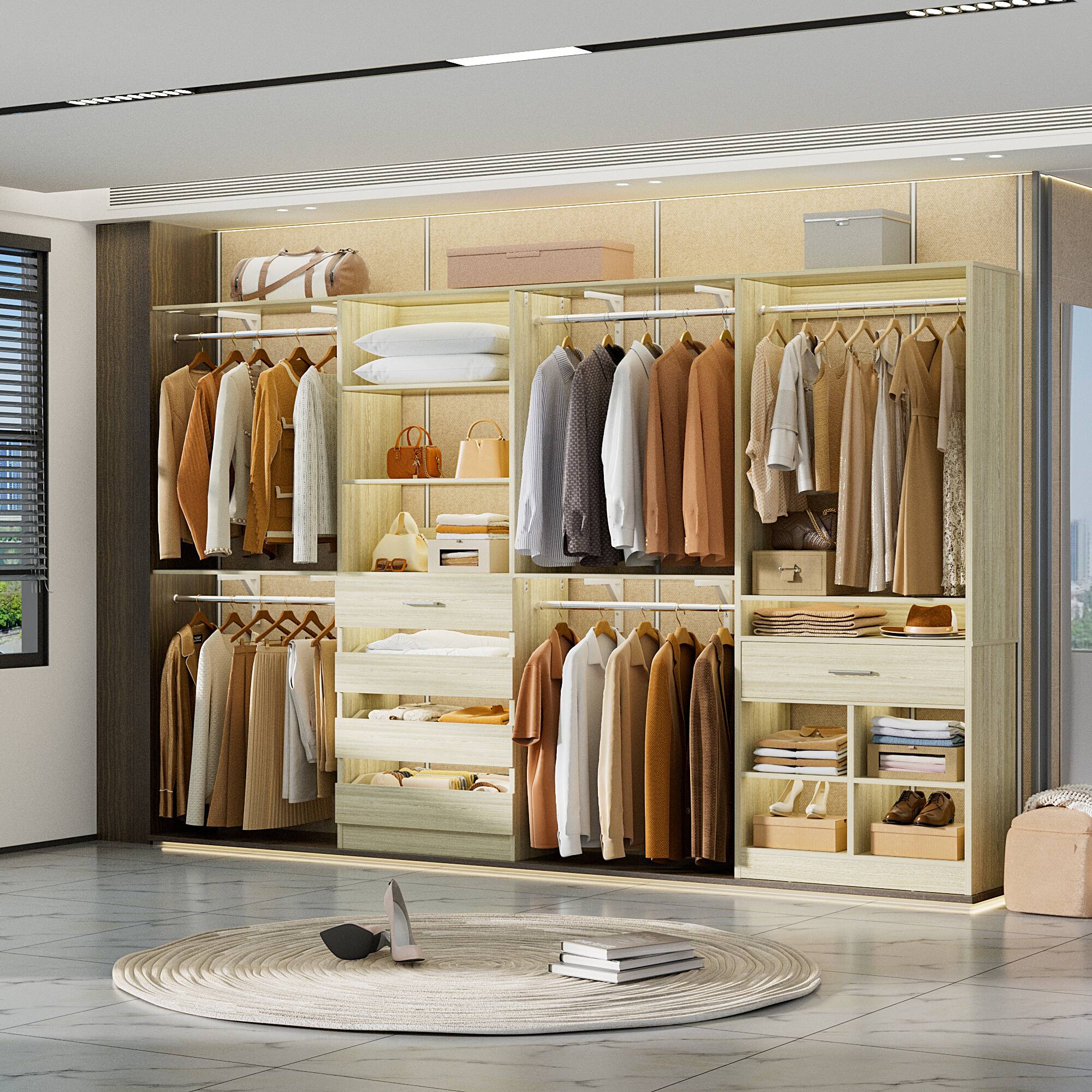 Angle. Aheaplus - Heavy-Duty Walk-In Closet Organizer: 5 Drawers, 4 Hanging Rods & 4 Cubbies (4-9ft Adjustable) - White Oak.