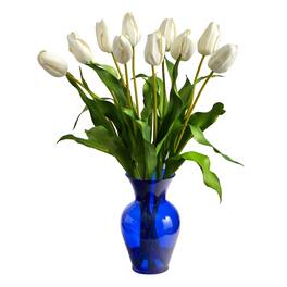 BreeBe - 22" Dutch Tulip Artificial Arrangement in Blue Colored Vase - White