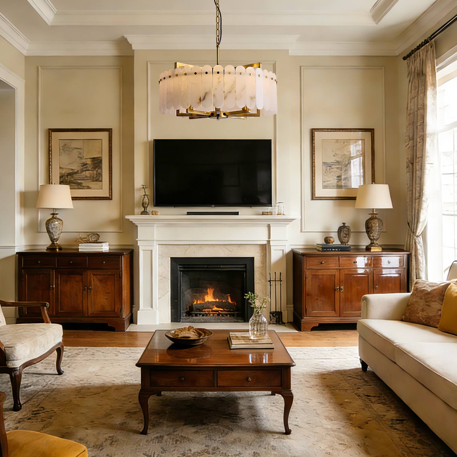 Left. Siljoy - 24 Inch Luxury Alabaster Drum Chandelier Brushed Gold Circular Pendant Light for Living Room Dining Room Bedroom - Brass.
