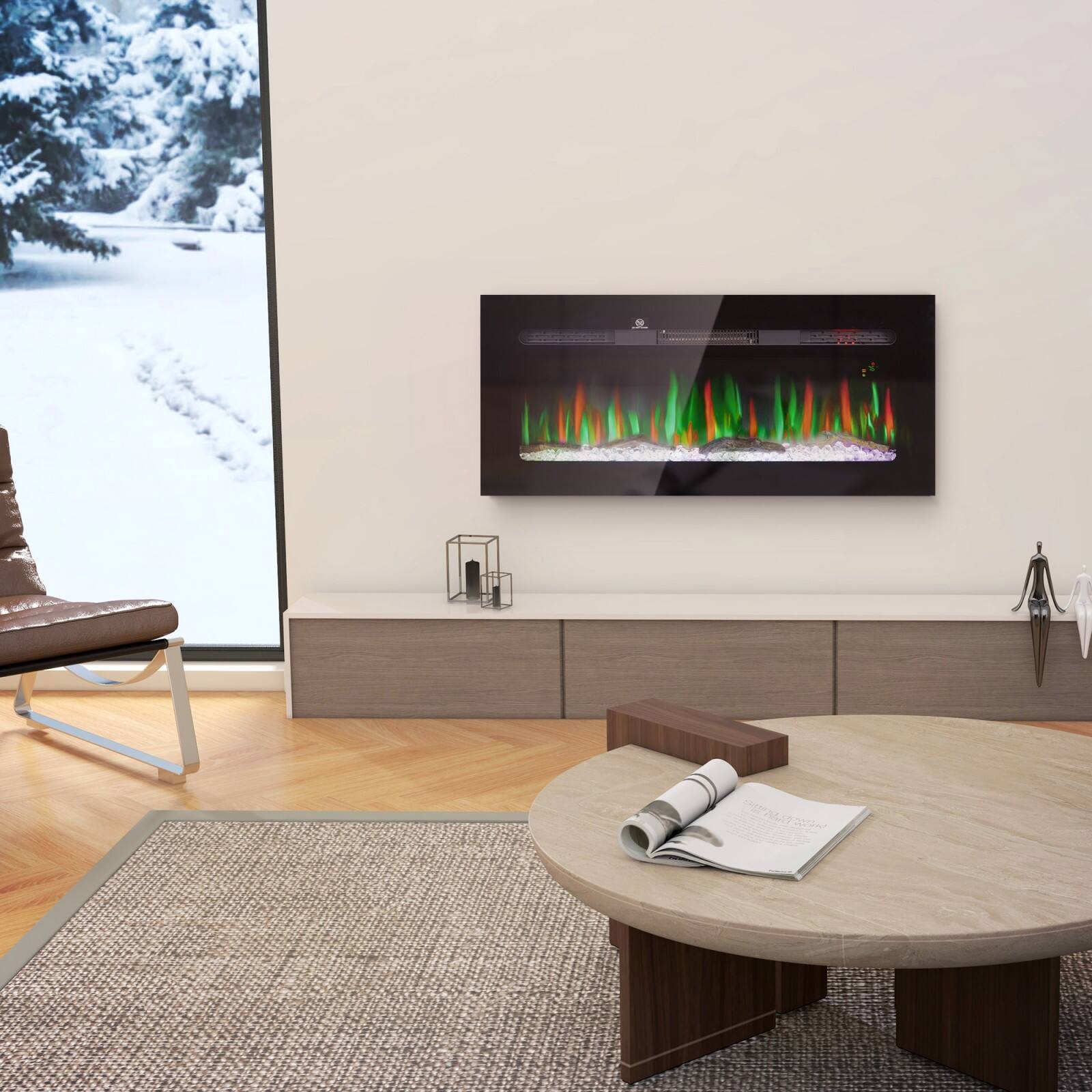Alt View 1. Ecooso - 40" Electric Fireplace Recessed, 1500W Fireplace Heater，8H Timer, Adjustable Flame Color and Brightness, Log and Crystal - Black.
