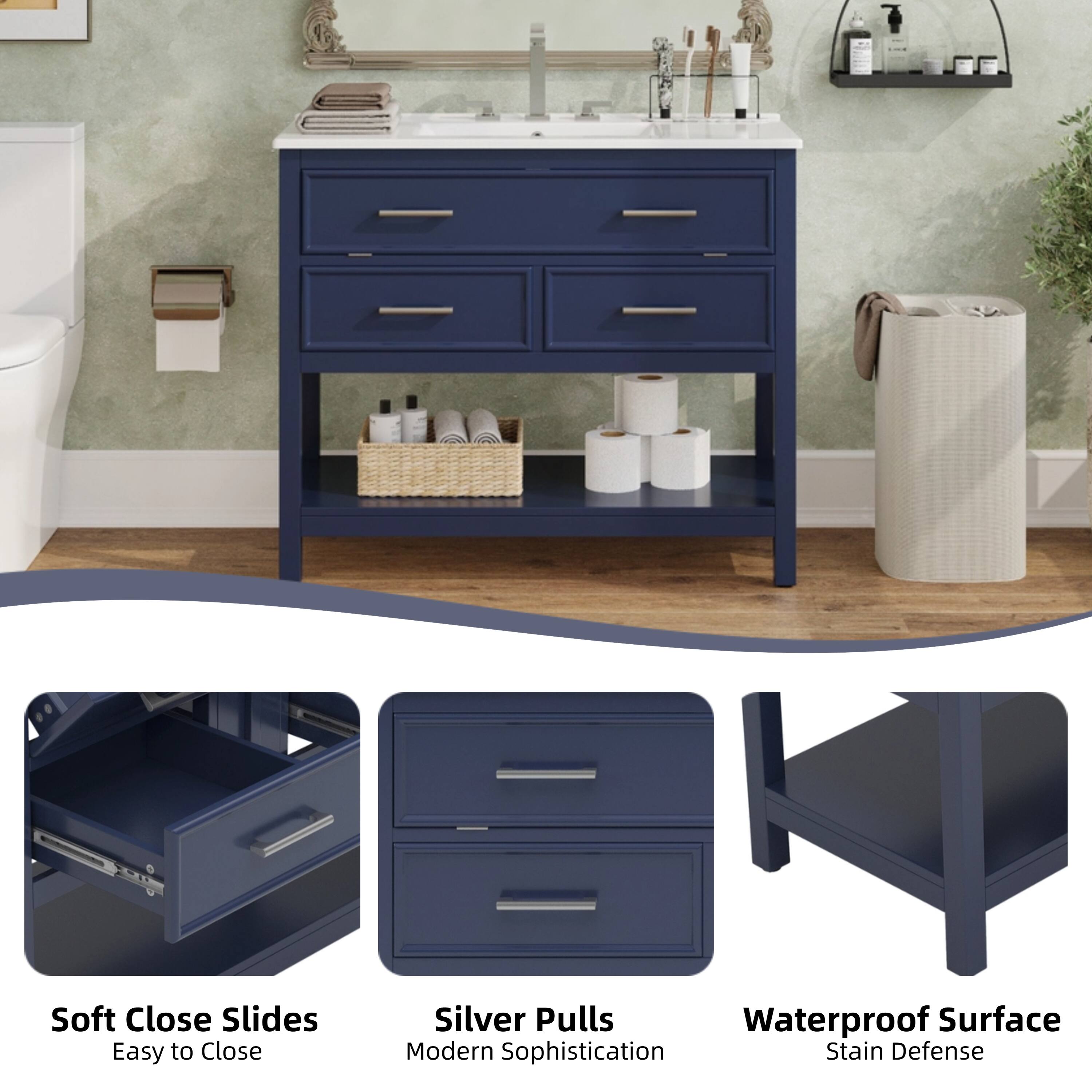 - Soft Close Slides
  - Easy to Close

- Silver Pulls
  - Modern Sophistication

- Waterproof Surface
  - Stain Defense