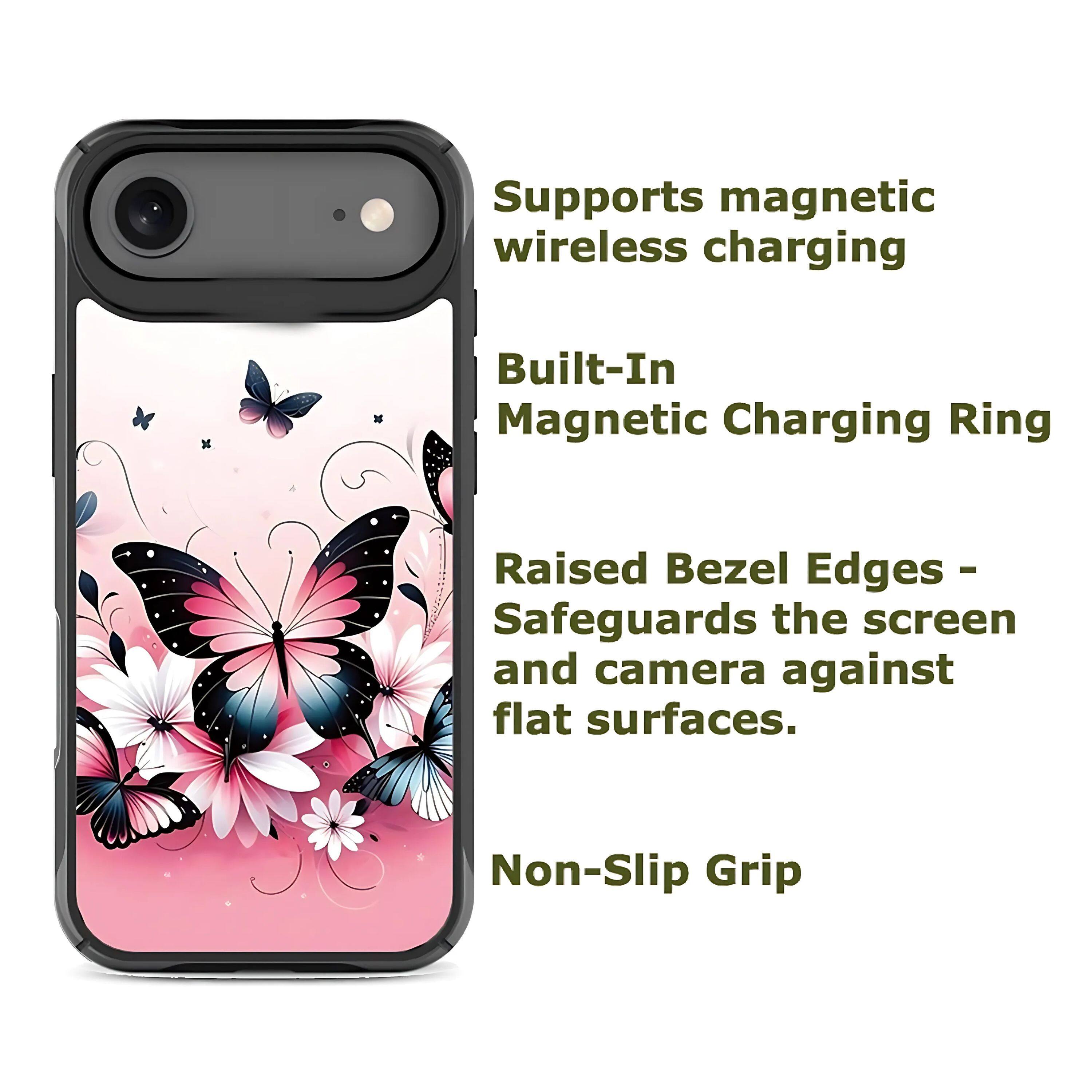 - Supports magnetic wireless charging
- Built-In Magnetic Charging Ring
- Raised Bezel Edges - Safeguards the screen and camera against flat surfaces.
- Non-Slip Grip