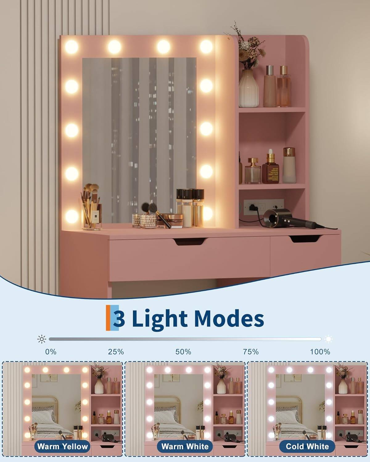 Alt View 5. GARVEE - Makeup Vanity with Mirror,12 LED Lights with 3 Adjustable Lighting Modes and Brightness Levels, Built-in Power Outlet - Pink.