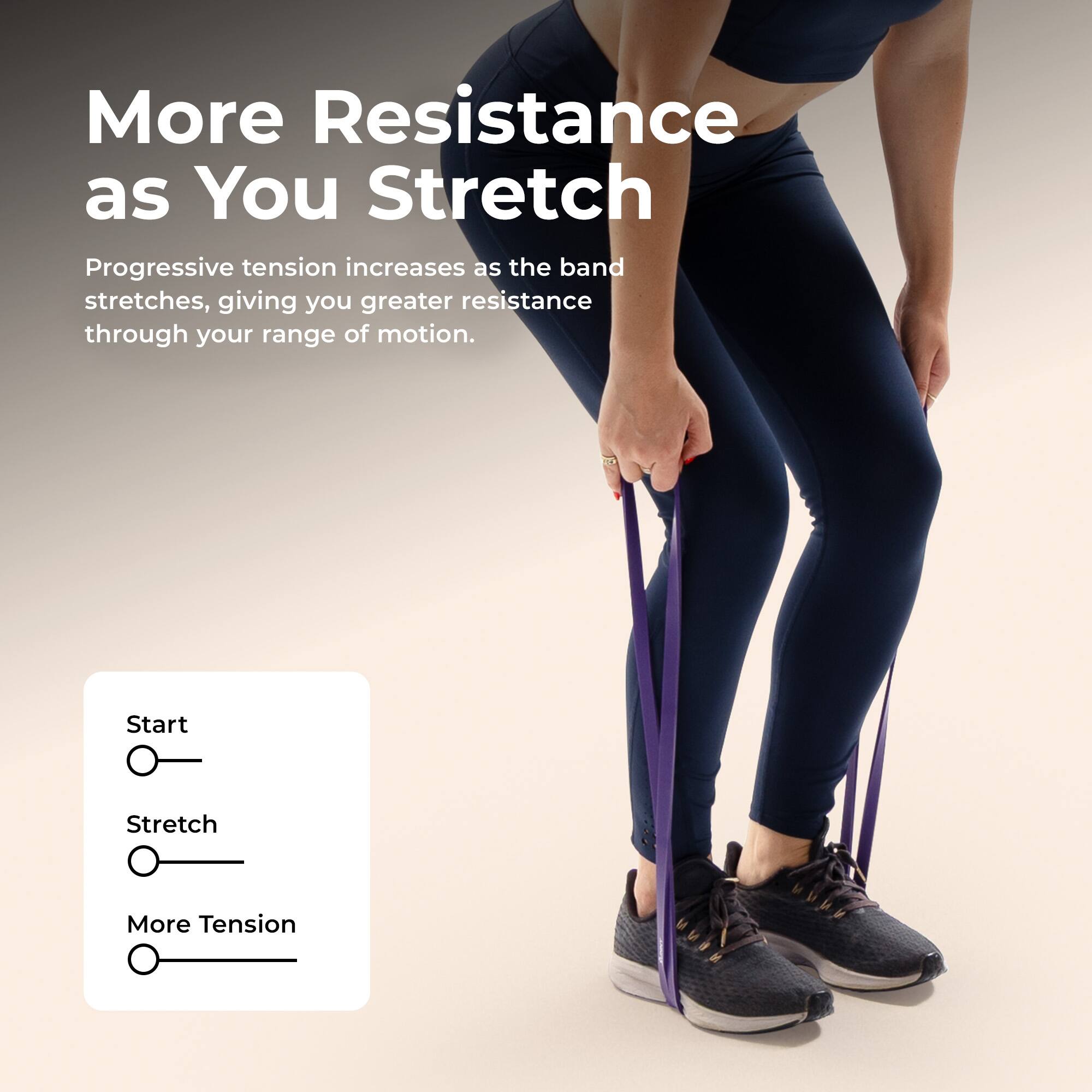More Resistance as You Stretch  
Progressive tension increases as the band stretches, giving you greater resistance through your range of motion.  

Start  
Stretch  
More Tension