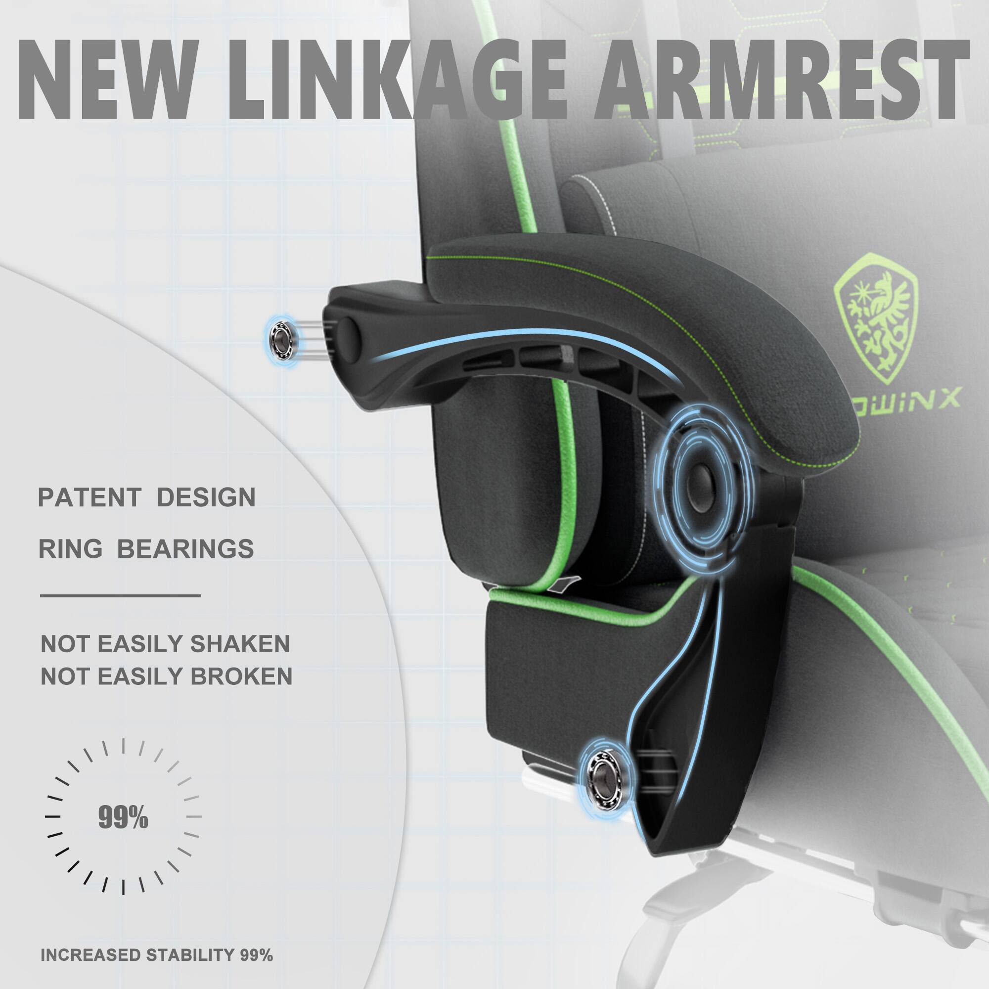 NEW LINKAGE ARMREST

PATENT DESIGN
RING BEARINGS

NOT EASILY SHAKEN
NOT EASILY BROKEN

99% INCREASED STABILITY