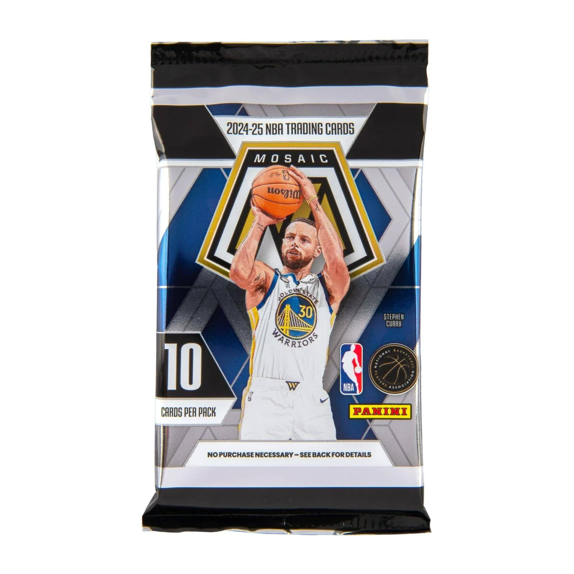 2024-25 NBA TRADING CARDS MOSAIC  
10 CARDS PER PACK  
WARRIORS STEPHEN CURRY  
NBA  
PANINI  
NO PURCHASE NECESSARY - SEE BACK FOR DETAILS