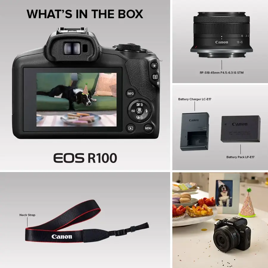 What's in the Box: Canon 18-45 EK Q RF-S18-45mm P4 1.5-6.3 IS STM NFO Battery Charger LC-E17 ISO 9 SL MENU Canon EOS R100 Battery Pack LP-E17 Neck Strap Canon