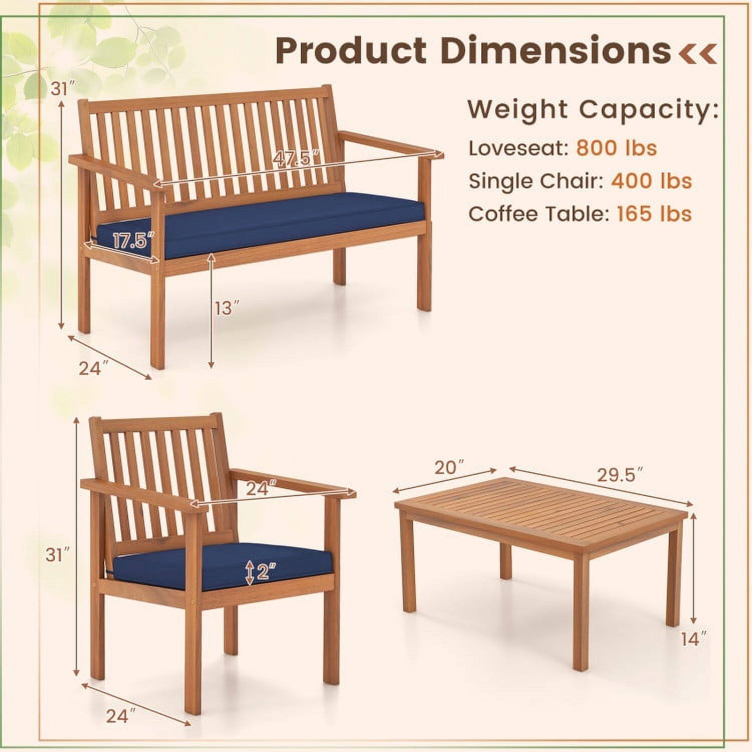 Product Dimensions:  
- Loveseat: 31" H x 47.5" W x 24" D  
- Single Chair: 31" H x 24" W x 24" D  
- Coffee Table: 29.5" W x 20" D x 14" H  

Weight Capacity:  
- Loveseat: 800 lbs  
- Single Chair: 400 lbs  
- Coffee Table: 165 lbs