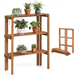 Costway - Folding Wooden Storage Shelves, 3-Tier Plant Stand Indoor Outdoor for Entryway - Natural