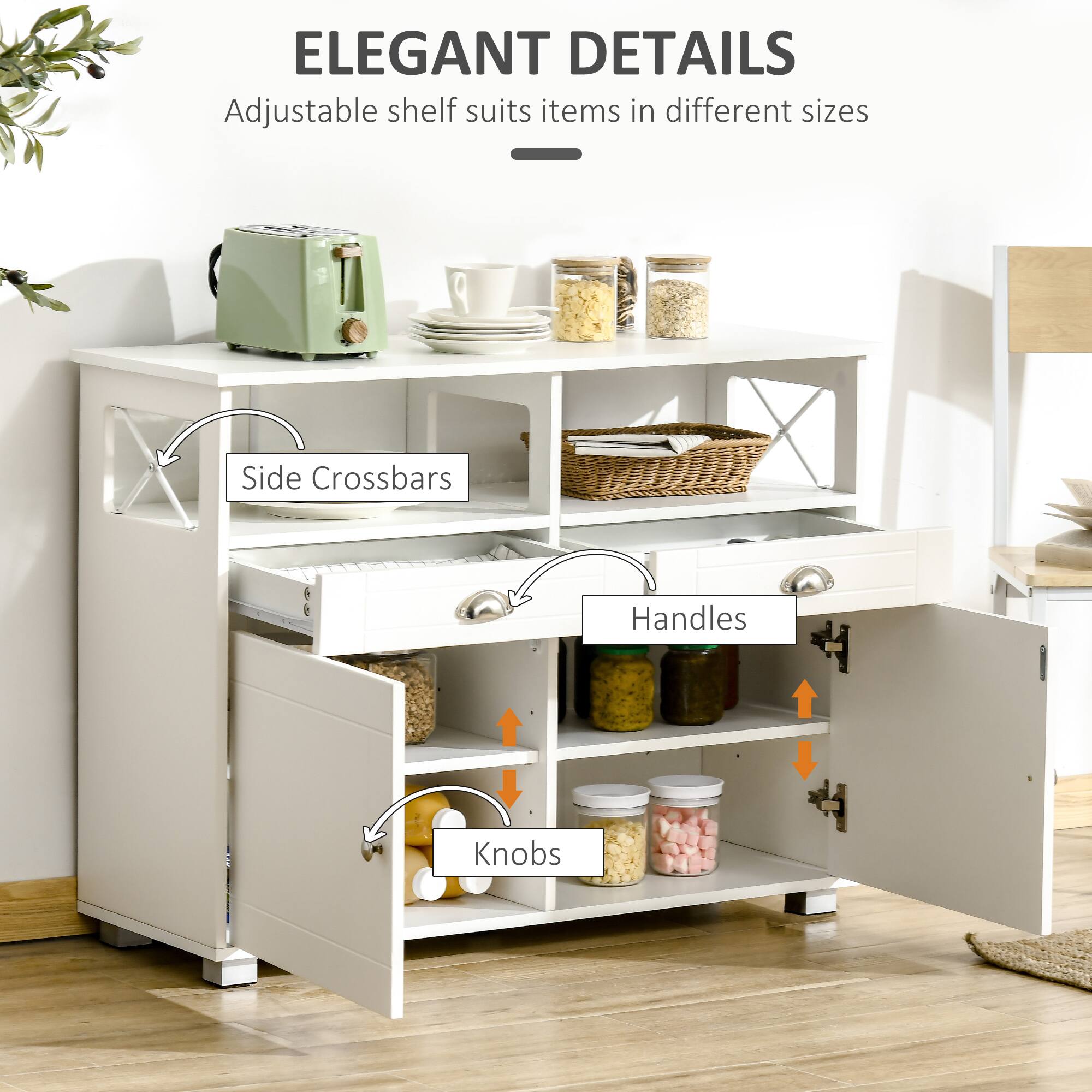 ELEGANT DETAILS  
Adjustable shelf suits items in different sizes  

- Side Crossbars  
- Handles  
- Knobs